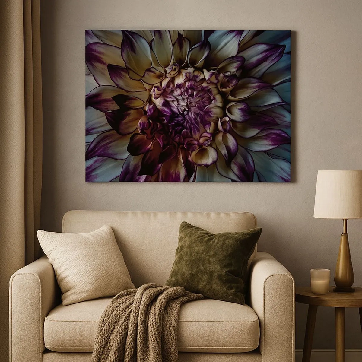 Bild auf Leinwand - Leinwandbild - Nahaufnahme einer Dahlienblüte in dunklen Tönen - 70x50cm - Die Blütezeit der Jugend - Moderne Wanddekoration für Wohnzimmer und Schlafzimmer ARTTOR