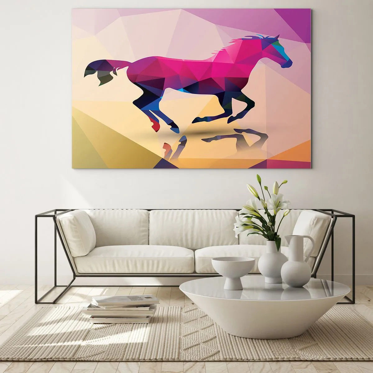 Glasbild - Bild auf glas - Geometrisches Pferd in farbenfroher Abstraktion - 70x50cm - Kubismus lebt noch - Moderne Wanddekoration für Wohnzimmer und Schlafzimmer ARTTOR