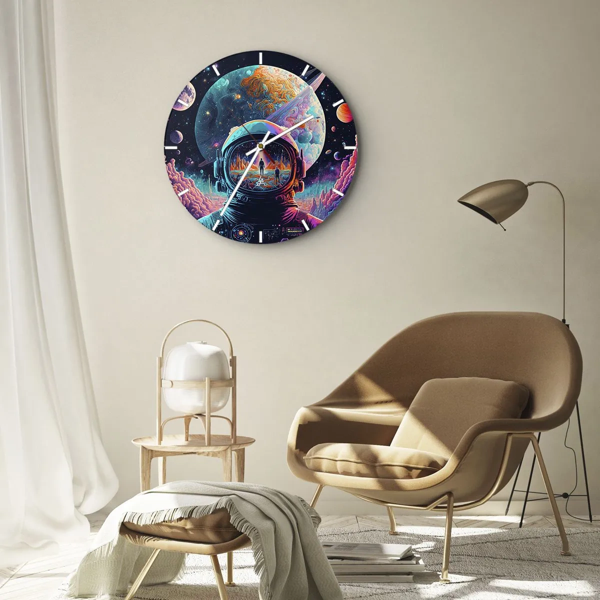 Wanduhr - Glasuhr - Astronaut im farbenfrohen Weltraum mit Planetenreflexion - 30x30cm - Philosophen haben nicht davon geträumt - Moderne Wanddekoration für Wohnzimmer, Küche und Schlafzimmer ARTTOR