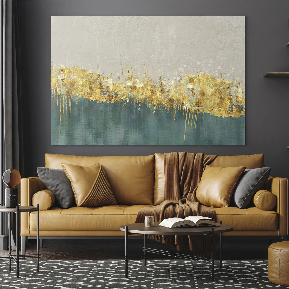 Glasbild - Bild auf glas - Goldakzente schaffen eine Grenze zwischen Beige und Flaschengrün - 70x50cm - Goldener Rand - Moderne Wanddekoration für Wohnzimmer und Schlafzimmer ARTTOR