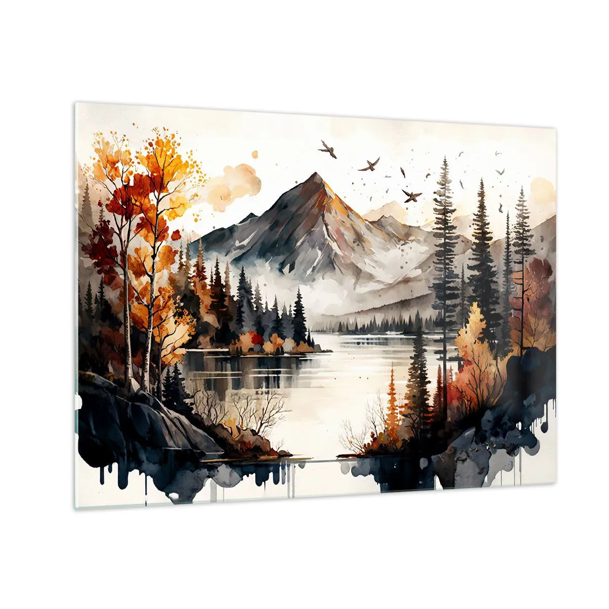Glasbild - Bild auf glas - Herbstliche Berglandschaft mit See und Wald - 70x50cm - Goldener Herbst in den Bergen - Moderne Wanddekoration für Wohnzimmer und Schlafzimmer ARTTOR