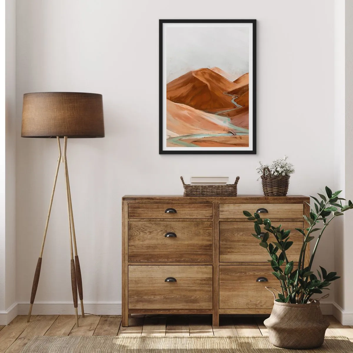 Poster in einem schwarzem Rahmen - Ein Fluss, der durch braune Berge fließt, eine stilisierte Landschaft - 50x70cm - Zur Quelle - Moderne Wanddekoration für Wohnzimmer und Schlafzimmer ARTTOR