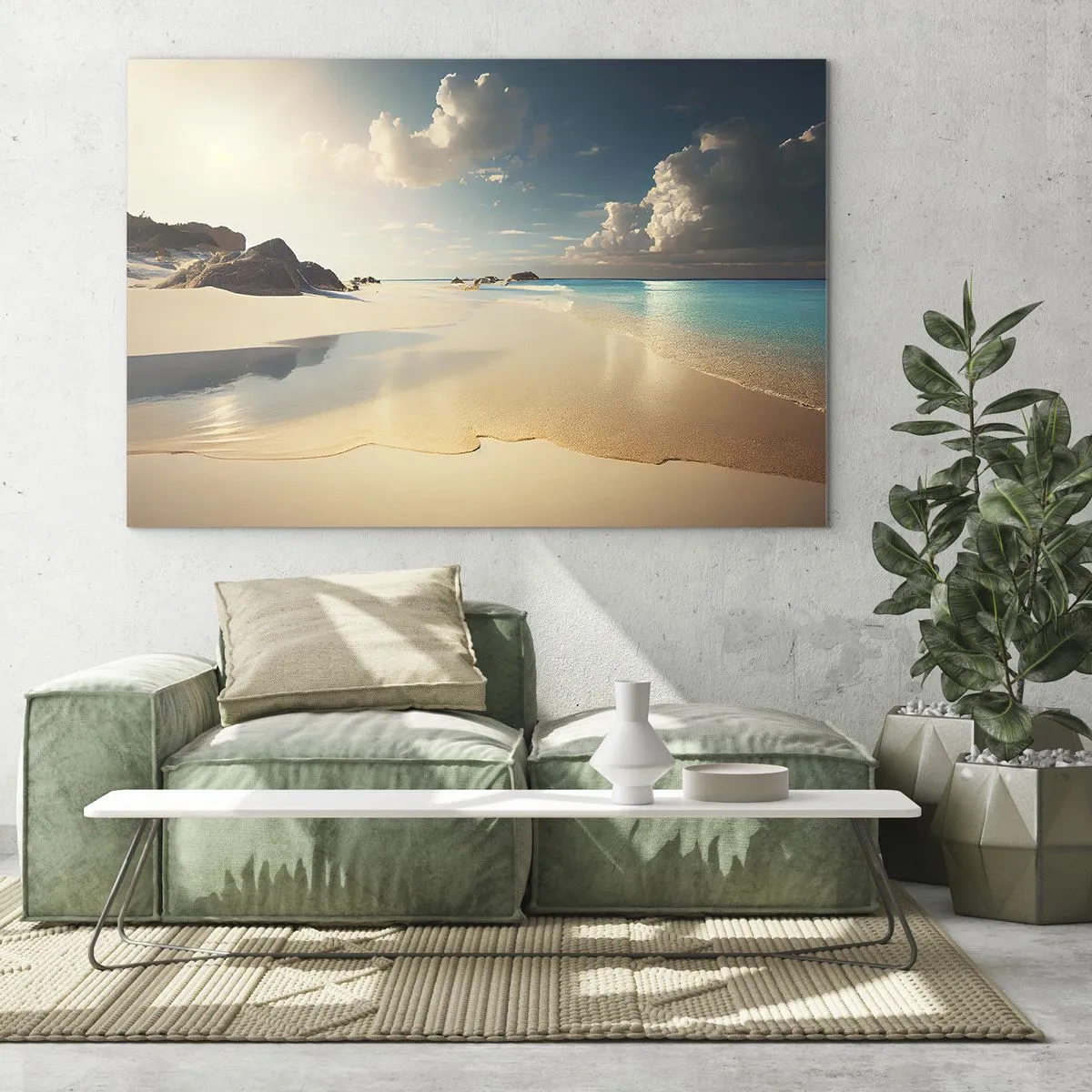Glasbild - Bild auf glas - Goldener Strand und türkisfarbenes Meer im Licht der Morgensonne - 70x50cm - Erträumter Tag - Moderne Wanddekoration für Wohnzimmer und Schlafzimmer ARTTOR