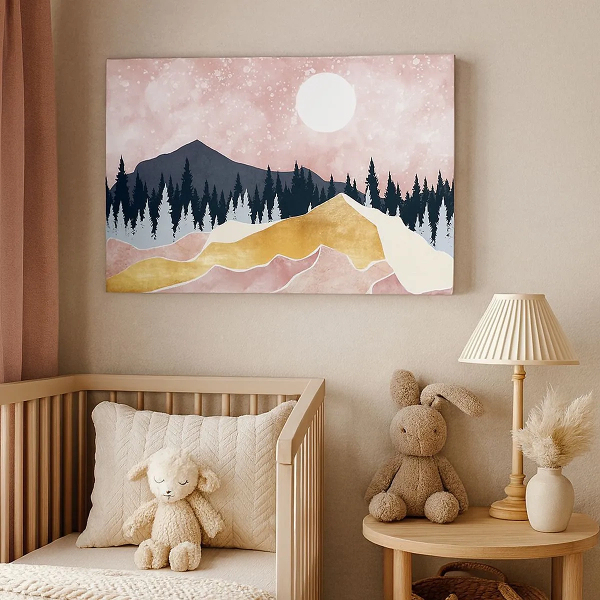 Bild auf Leinwand - Leinwandbild - Bunte Berge vor einem rosa Himmel mit einem Mond - 70x50cm - Nachtwache - Moderne Wanddekoration für Wohnzimmer und Schlafzimmer ARTTOR