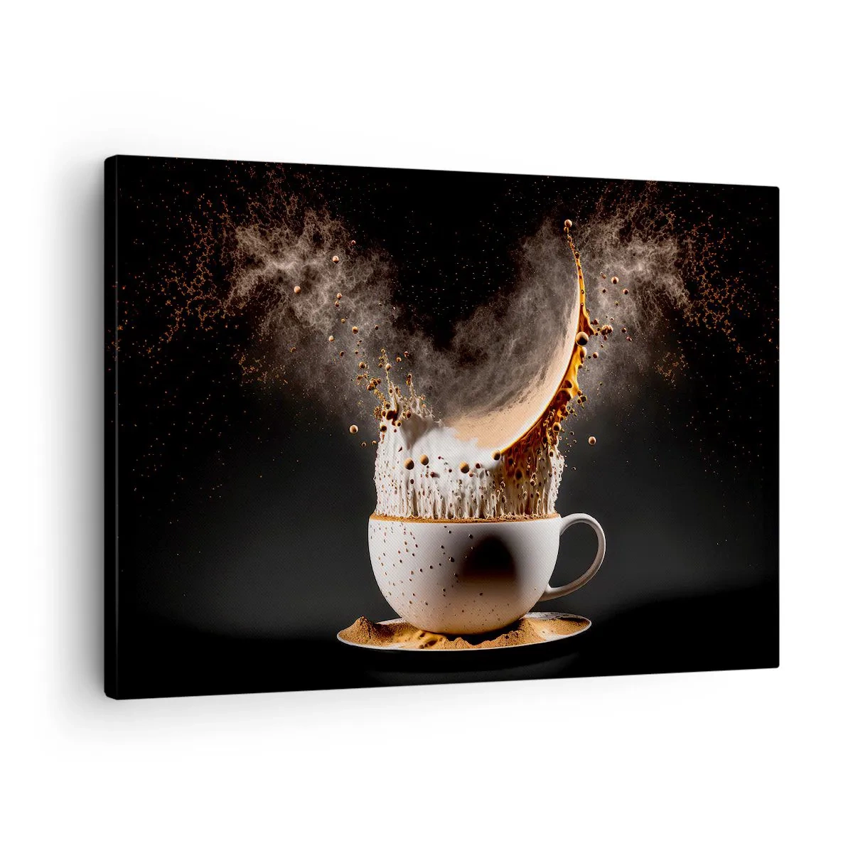 Bild auf Leinwand - Leinwandbild - Eine Tasse Kaffee mit einer dynamischen Flüssigkeitsexplosion auf schwarzem Hintergrund. - 70x50cm - Geschmacksexplosion - Moderne Wanddekoration für Wohnzimmer und Schlafzimmer ARTTOR