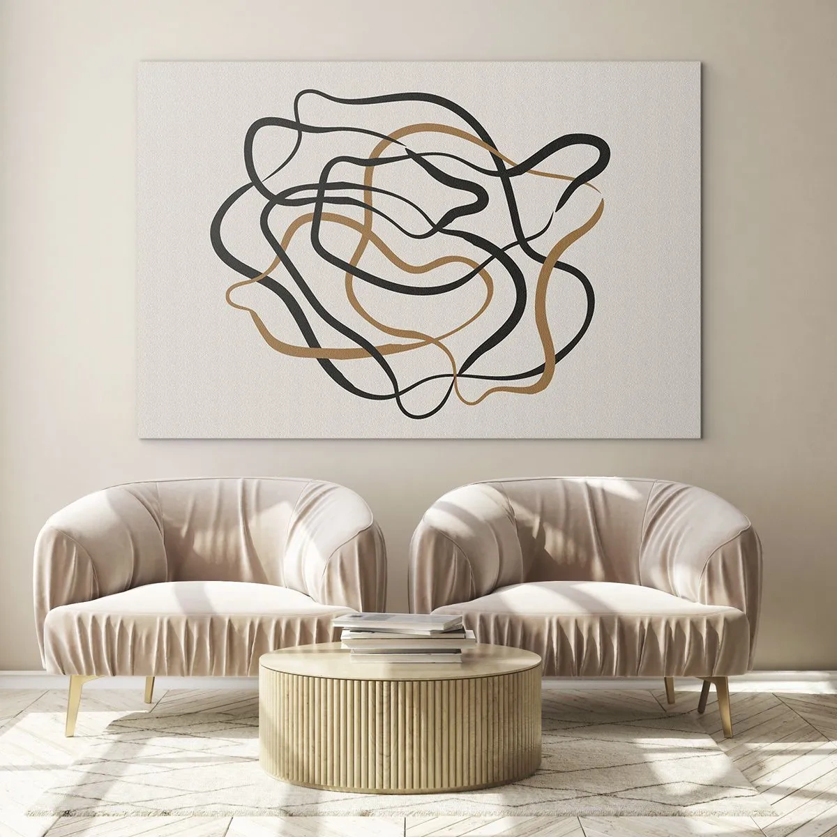 Glasbild - Bild auf glas - Ein abstraktes Liniengewirr in Schwarz und Braun. - 70x50cm - Alles ging schief - Moderne Wanddekoration für Wohnzimmer und Schlafzimmer ARTTOR