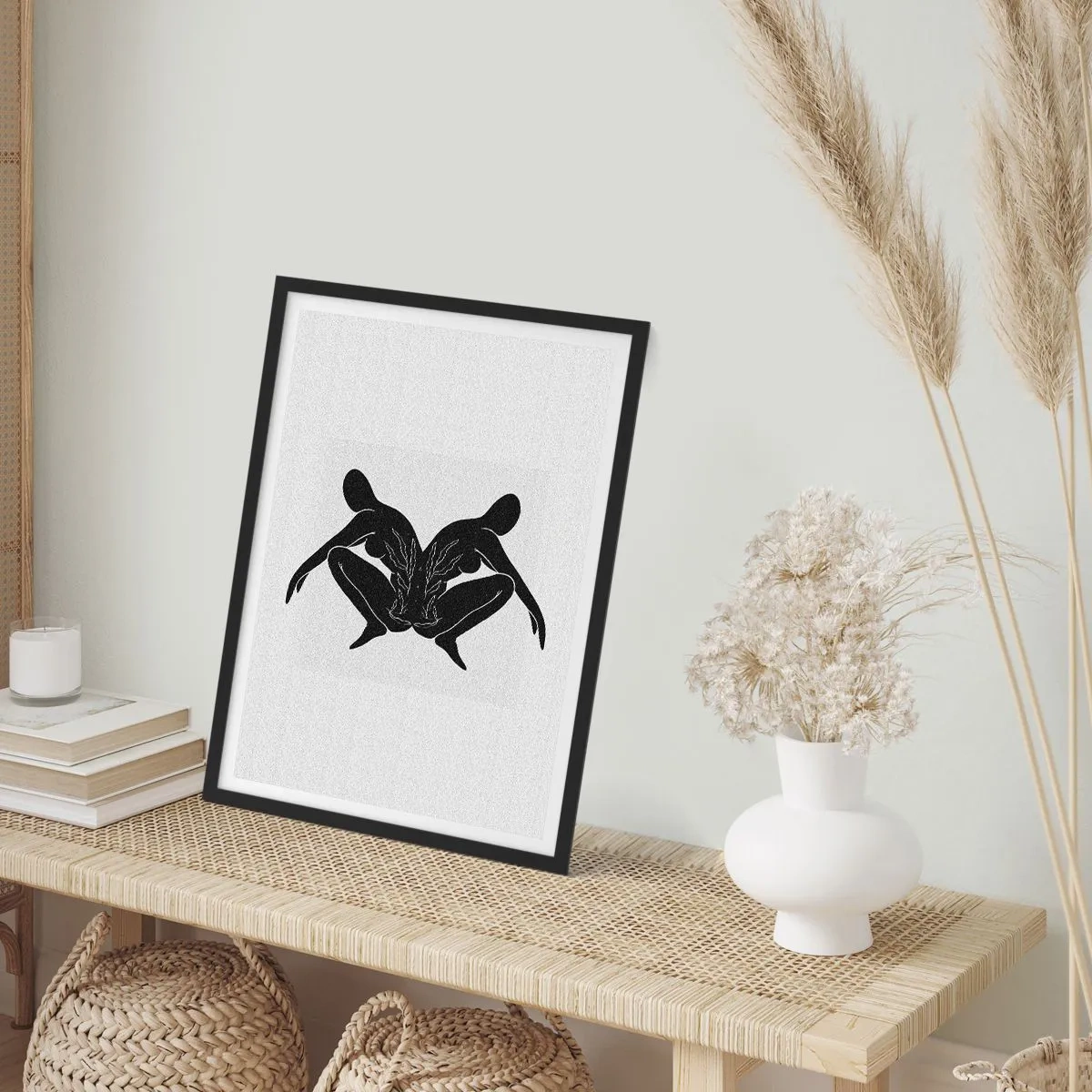 Poster in einem schwarzem Rahmen - Schwarze Silhouetten von Figuren in einer symmetrischen Komposition - 50x70cm - Gemeinsame Seele - Moderne Wanddekoration für Wohnzimmer und Schlafzimmer ARTTOR