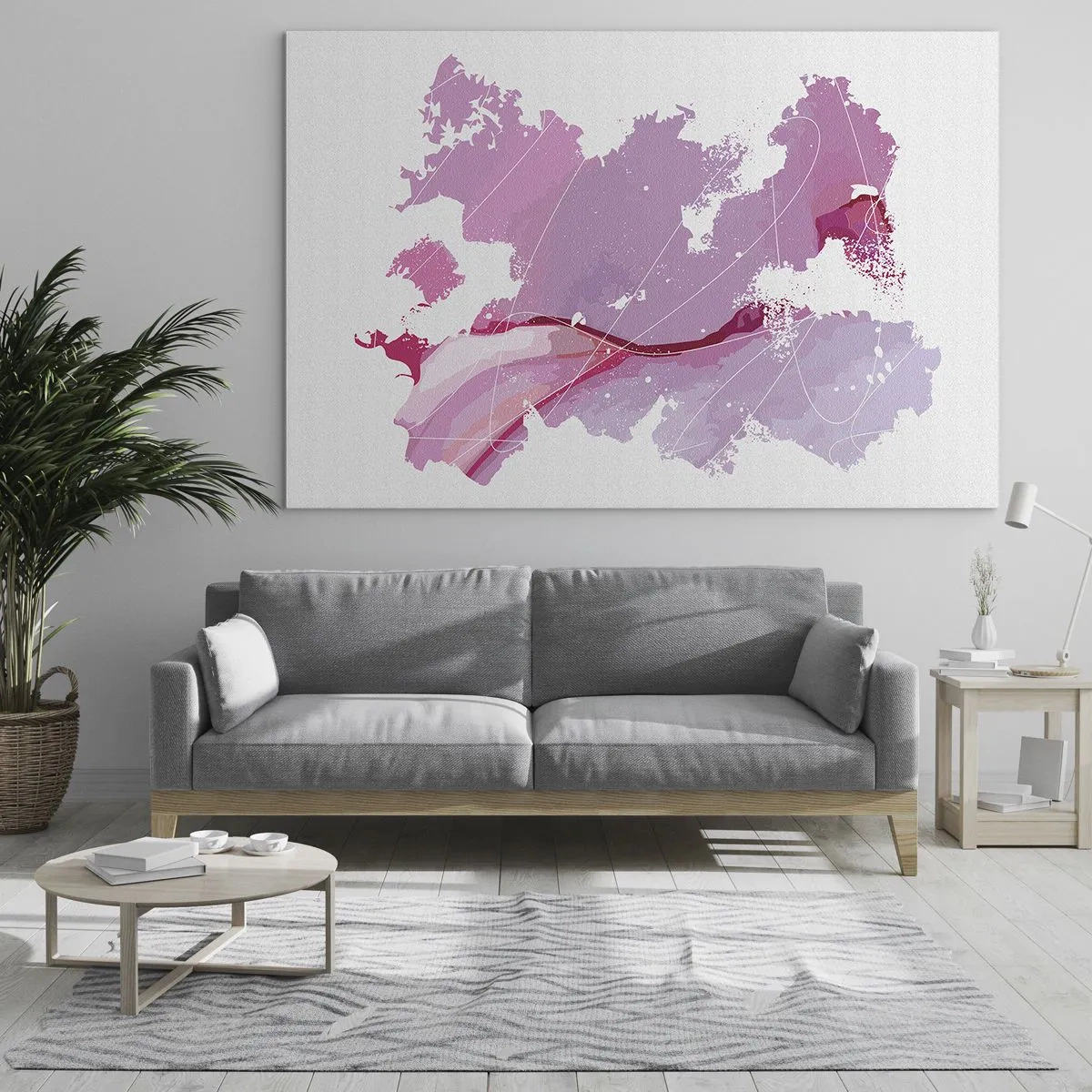 Glasbild - Bild auf glas - Abstrakte Karte in Rosa- und Lilatönen auf weißem Hintergrund - 70x50cm - Karte der Rosawelt - Moderne Wanddekoration für Wohnzimmer und Schlafzimmer ARTTOR