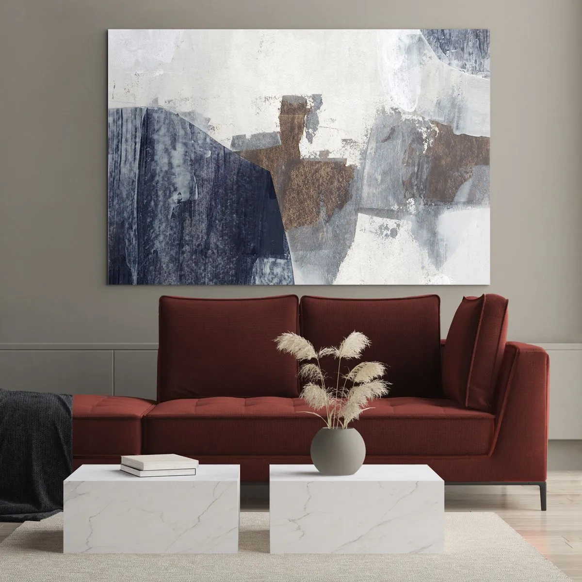 Glasbild - Bild auf glas - Geometrische Formen in Blau, Braun und Weiß - 70x50cm - Blaue und braune Formen - Moderne Wanddekoration für Wohnzimmer und Schlafzimmer ARTTOR