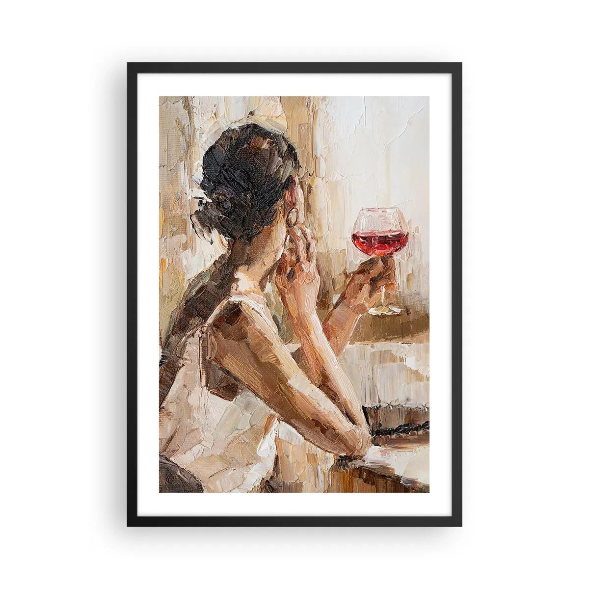 Poster in einem schwarzem Rahmen - Eine Frau hält ein Glas Wein und schaut nachdenklich - 50x70cm - Der Geschmack eines guten Moments - Moderne Wanddekoration für Wohnzimmer und Schlafzimmer ARTTOR