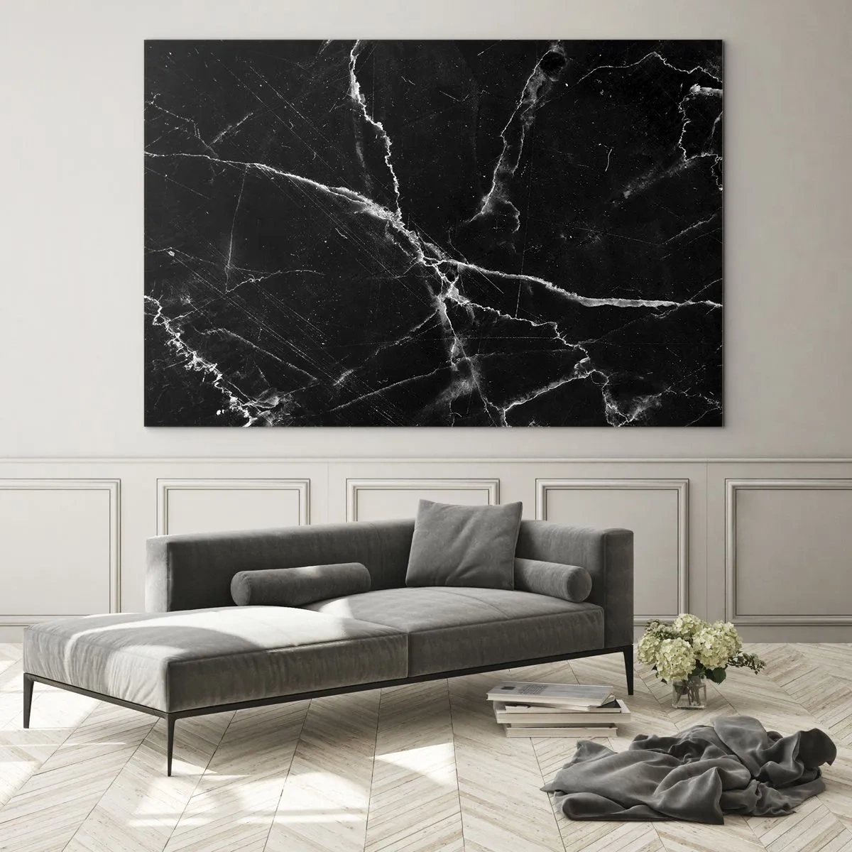 Glasbild - Bild auf glas - Schwarze Marmoroberfläche mit hellen Adern - 70x50cm - Geheimleben des Steins - Moderne Wanddekoration für Wohnzimmer und Schlafzimmer ARTTOR