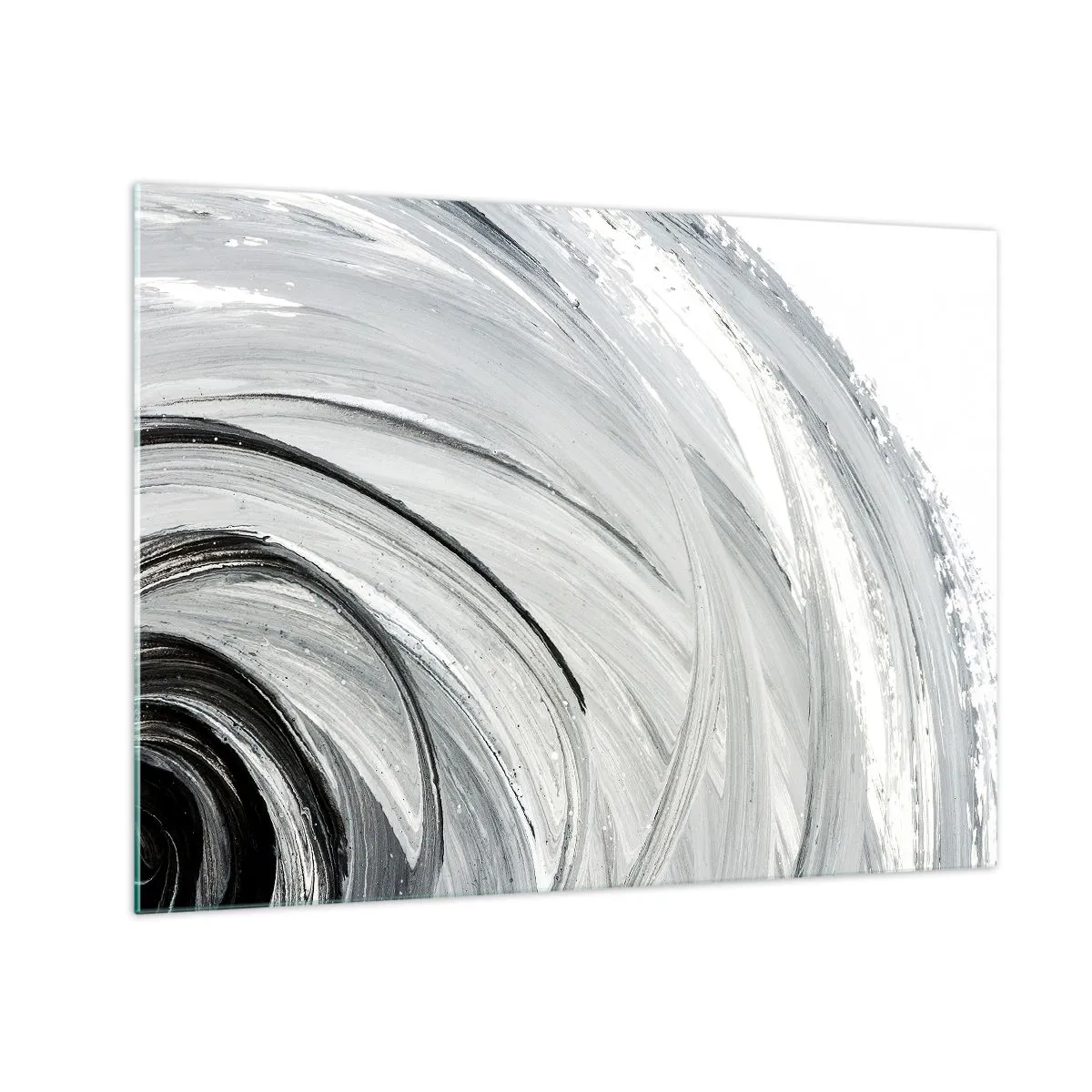 Glasbild - Bild auf glas - Eine schwarz-weiße Spirale mit dynamischen Pinselstrichen. - 70x50cm - Orbitale Komposition - Moderne Wanddekoration für Wohnzimmer und Schlafzimmer ARTTOR