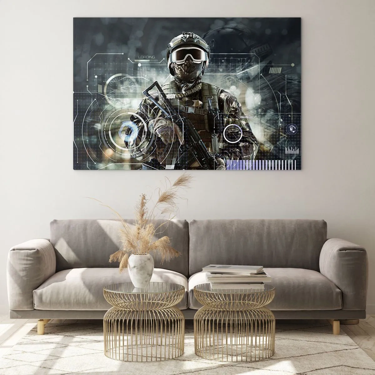 Glasbild - Bild auf glas - Ein Soldat in taktischer Ausrüstung vor dem Hintergrund einer futuristischen Benutzeroberfläche. - 70x50cm - Macht zu Macht - Moderne Wanddekoration für Wohnzimmer und Schlafzimmer ARTTOR