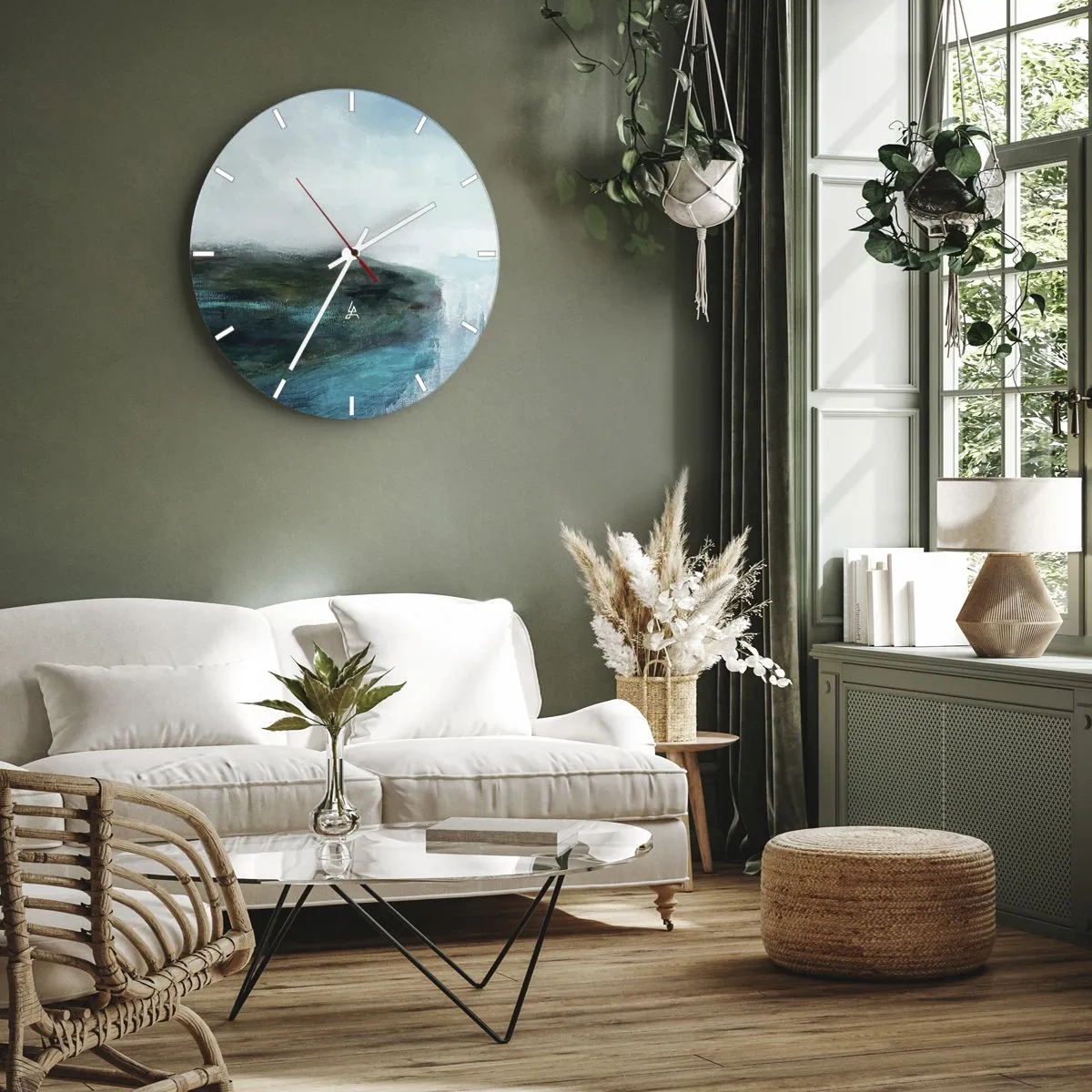 Wanduhr - Glasuhr - Eine Meereslandschaft mit einer Klippe in Türkis- und Blautönen - 30x30cm - Nautische Abstraktion - Moderne Wanddekoration für Wohnzimmer, Küche und Schlafzimmer ARTTOR