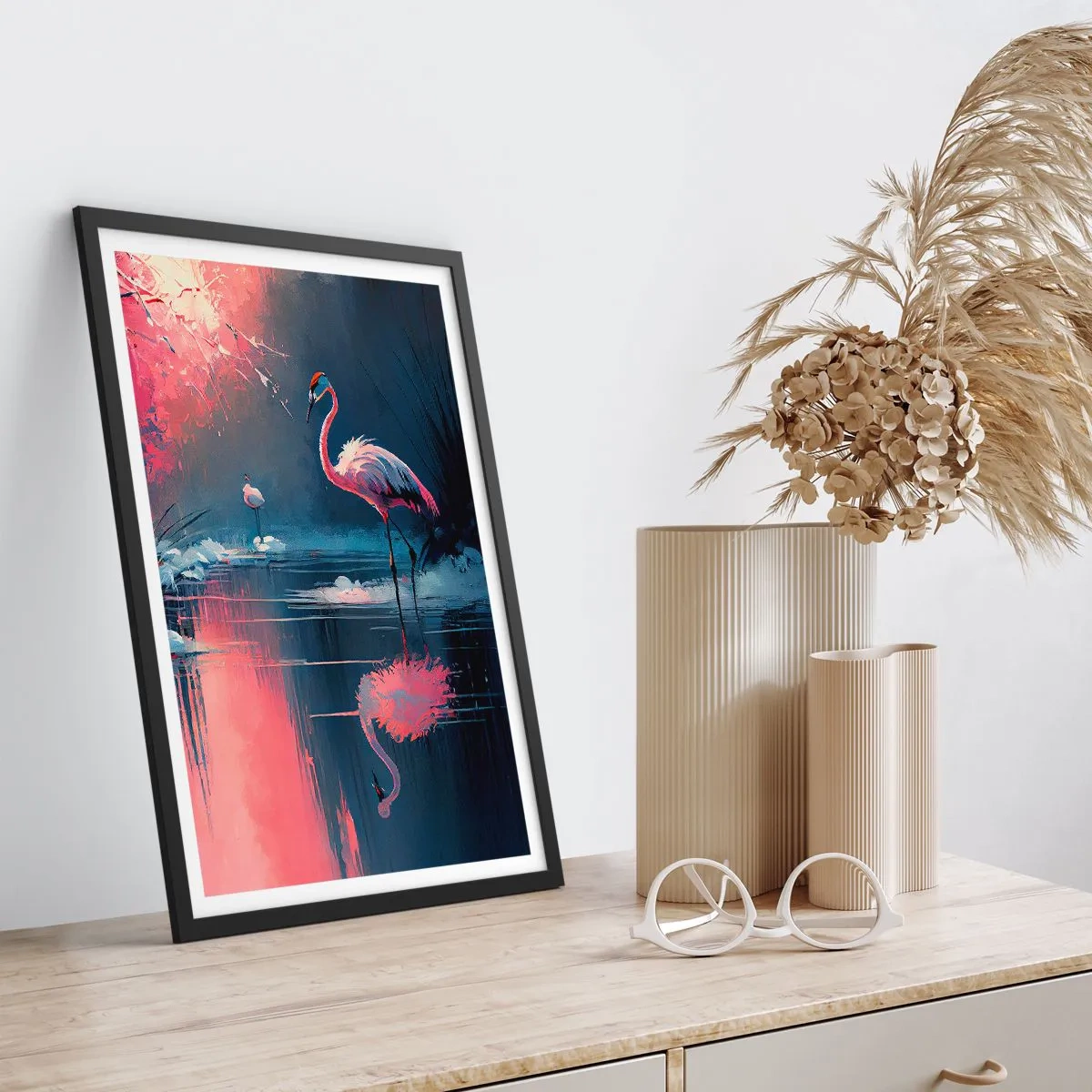 Poster in einem schwarzem Rahmen - Flamingos auf einem ruhigen See - 50x70cm - Rückzugsort für Vögel - Moderne Wanddekoration für Wohnzimmer und Schlafzimmer ARTTOR
