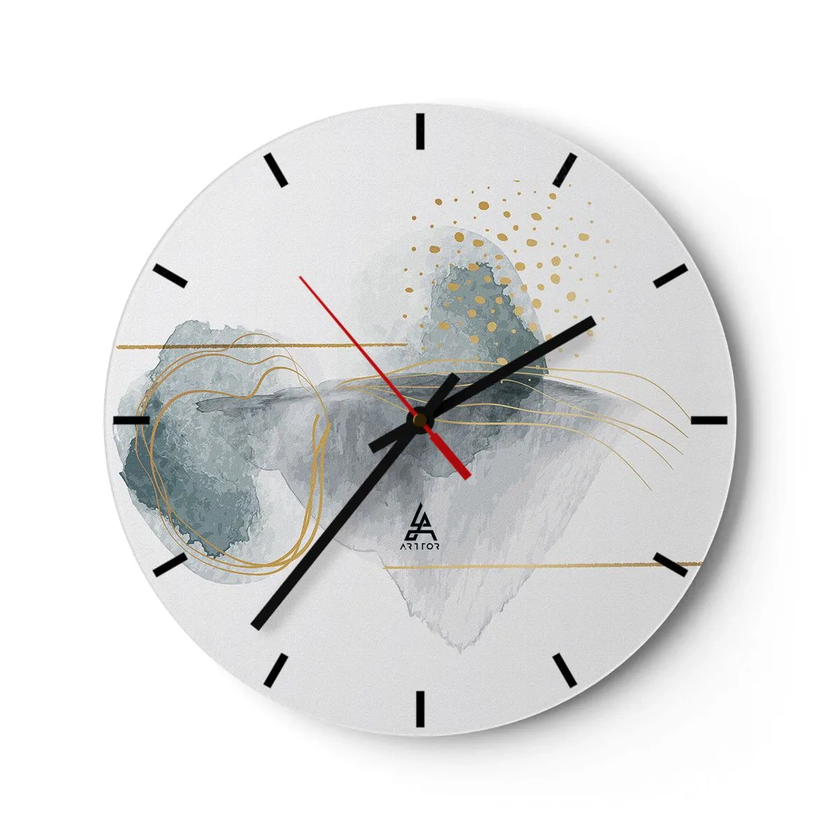 Wanduhr - Glasuhr - Pastellfarbene abstrakte Formen mit goldenen Linien und Punkten auf weißem Hintergrund. - 30x30cm - Über das Verhältnis von Grau und Gold - Moderne Wanddekoration für Wohnzimmer, Küche und Schlafzimmer ARTTOR