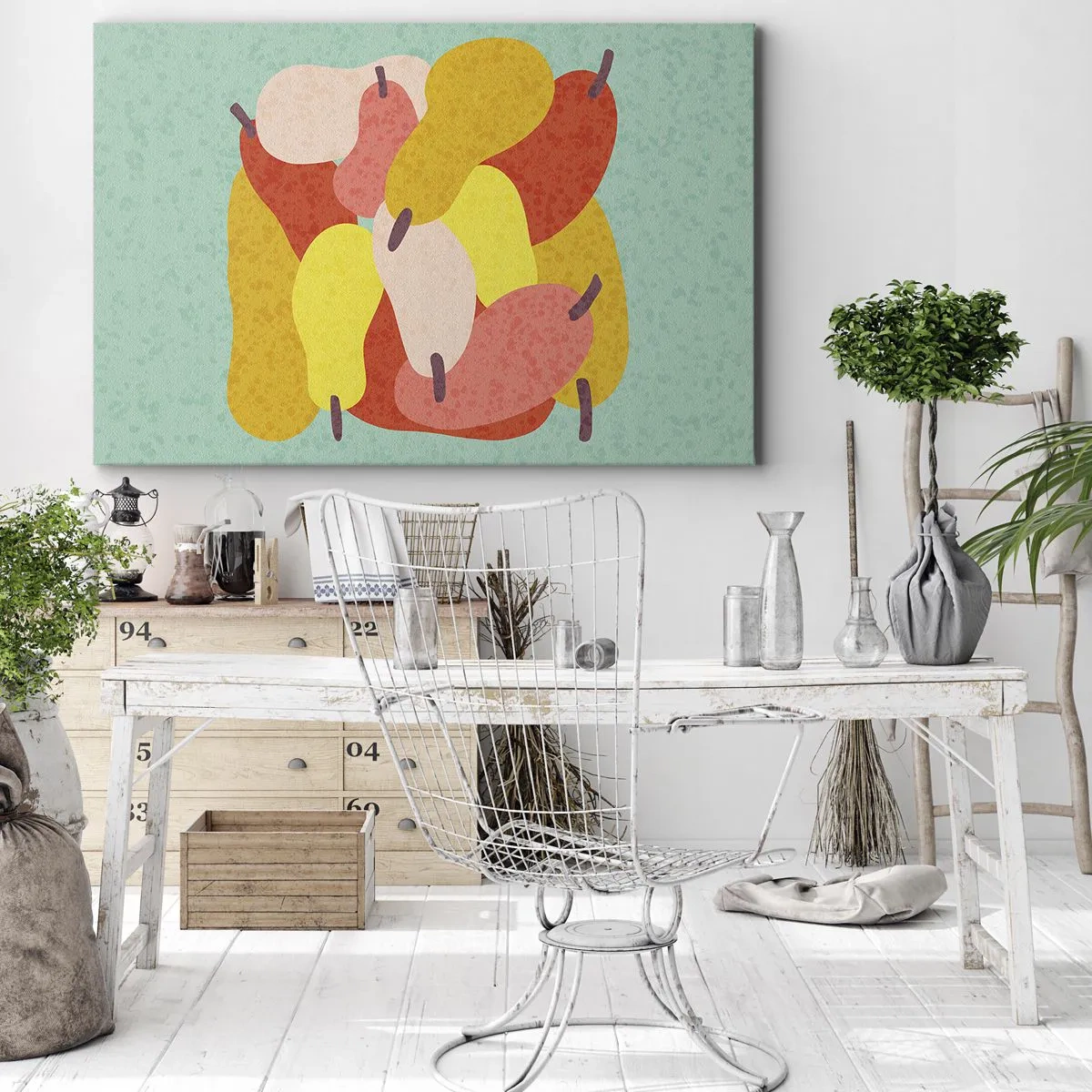 Bild auf Leinwand - Leinwandbild - Bunte abstrakte Birnen auf grünem Hintergrund - 70x50cm - Probieren Sie die Sommersonne - Moderne Wanddekoration für Wohnzimmer und Schlafzimmer ARTTOR