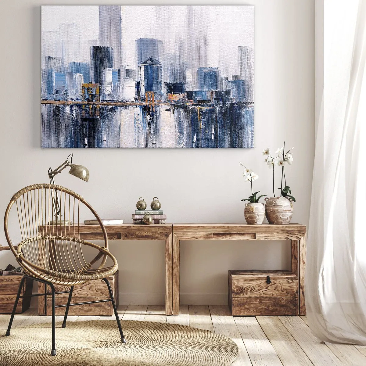 Bild auf Leinwand - Leinwandbild - Abstraktes Stadtpanorama mit Blau- und Gelbtönen - 70x50cm - New Yorker Eindruck - Moderne Wanddekoration für Wohnzimmer und Schlafzimmer ARTTOR