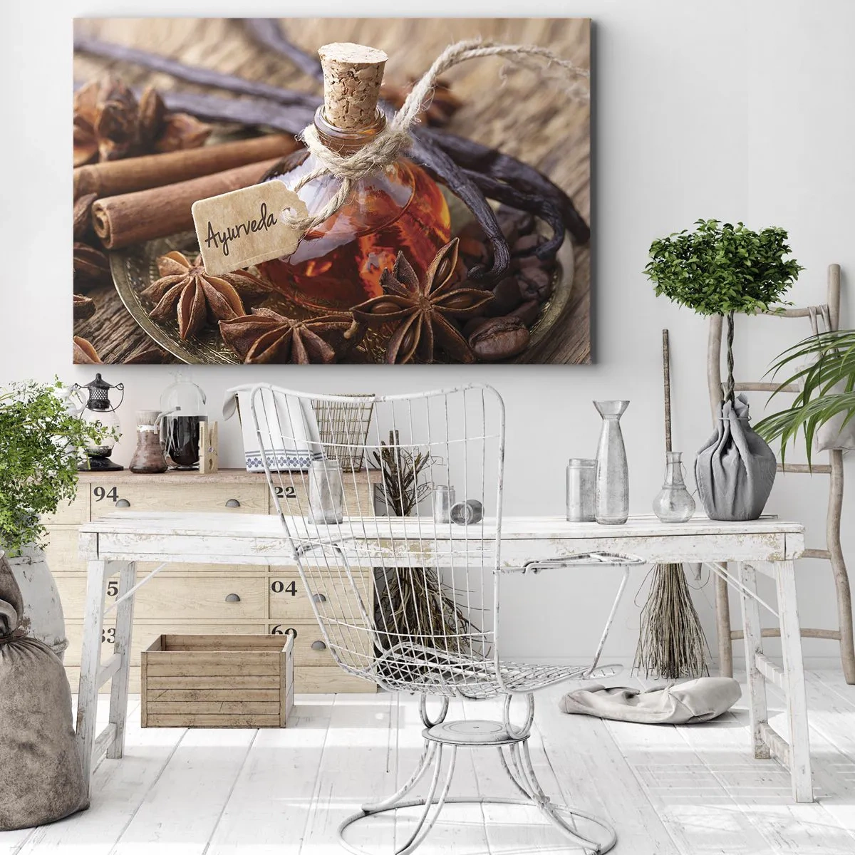 Bild auf Leinwand - Leinwandbild - Eine Flasche Gewürzöl auf einem Tablett - 70x50cm - Zur Einheit von Körper und Geist - Moderne Wanddekoration für Wohnzimmer und Schlafzimmer ARTTOR