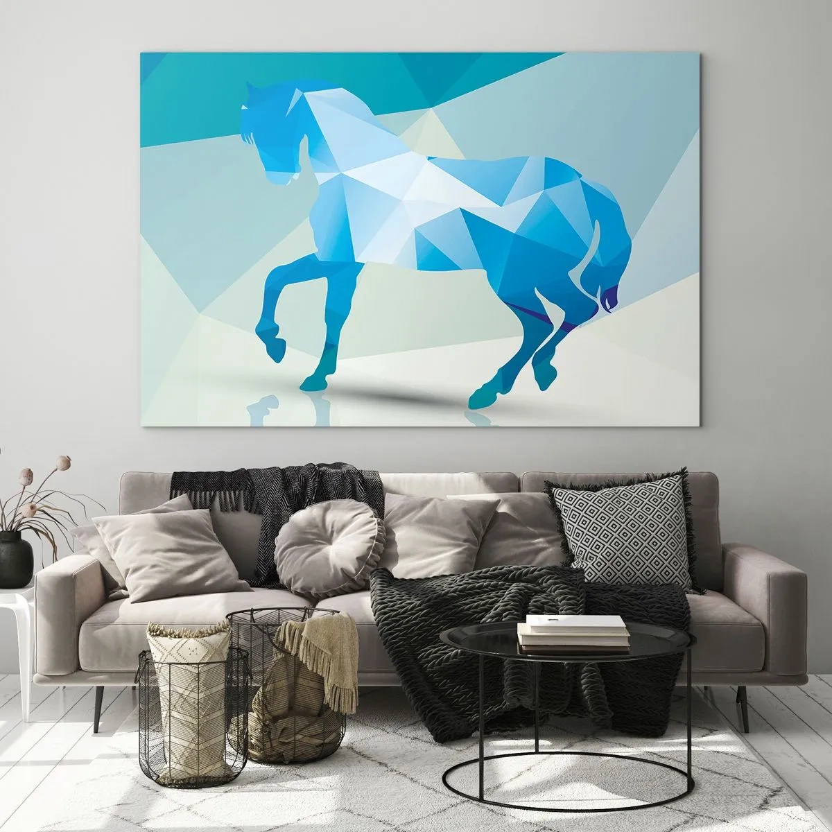 Glasbild - Bild auf glas - Geometrisches Pferd in Blau- und Weißtönen - 70x50cm - Geometrisches Pferd in Türkis - Moderne Wanddekoration für Wohnzimmer und Schlafzimmer ARTTOR