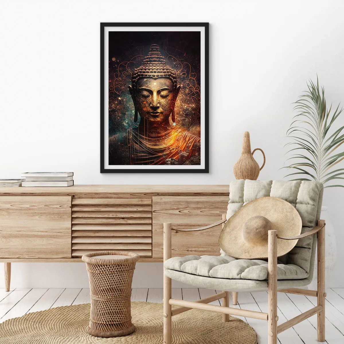 Poster in einem schwarzem Rahmen - Mystisches Buddhabild in goldenen Farbtönen - 50x70cm - Spirituelles Gleichgewicht - Moderne Wanddekoration für Wohnzimmer und Schlafzimmer ARTTOR