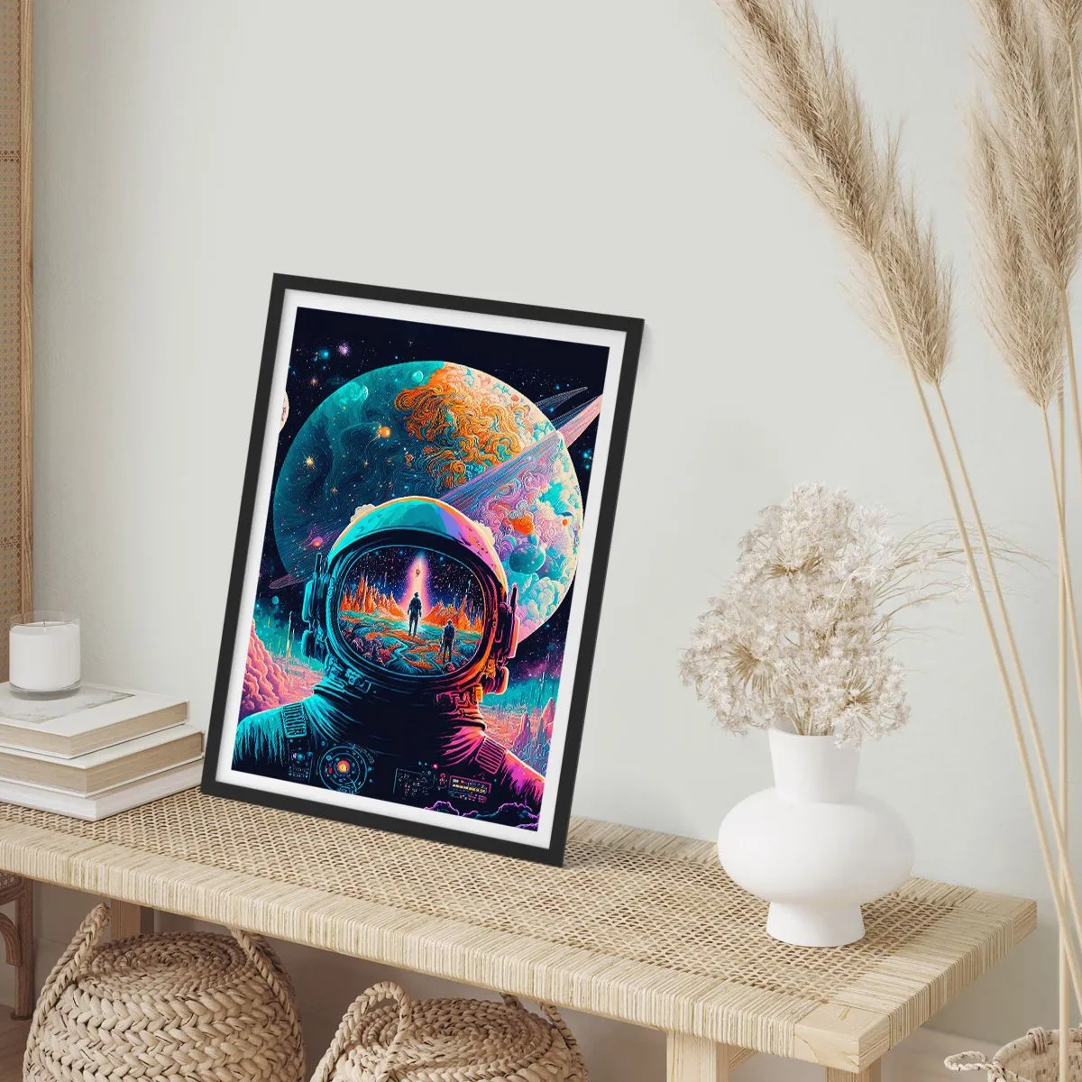 Poster in einem schwarzem Rahmen - Astronaut vor dem Hintergrund einer kosmischen Landschaft - 50x70cm - Philosophen haben nicht davon geträumt - Moderne Wanddekoration für Wohnzimmer und Schlafzimmer ARTTOR
