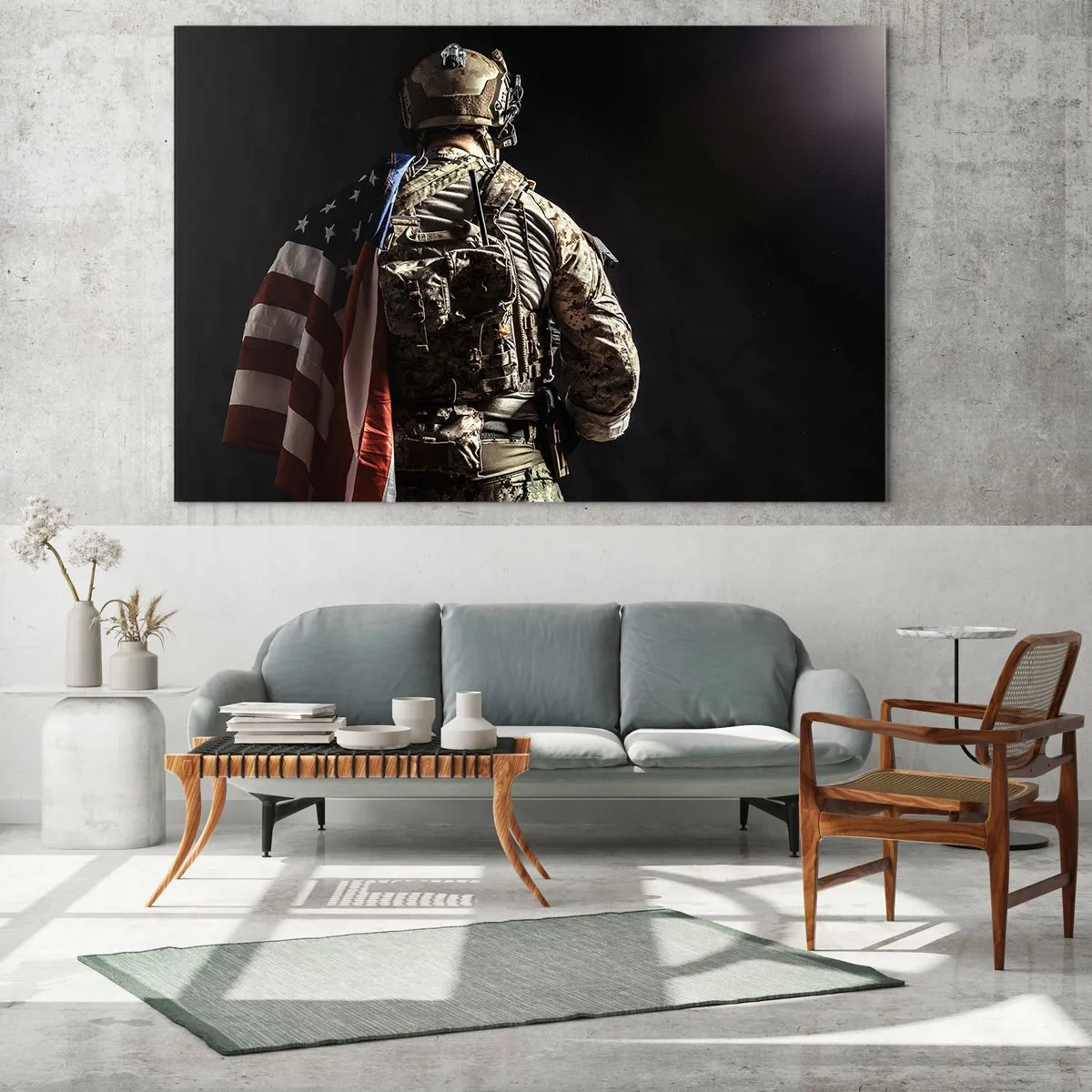 Glasbild - Bild auf glas - Ein Soldat mit einer amerikanischen Flagge vor dunklem Hintergrund - 70x50cm - Darum - Moderne Wanddekoration für Wohnzimmer und Schlafzimmer ARTTOR