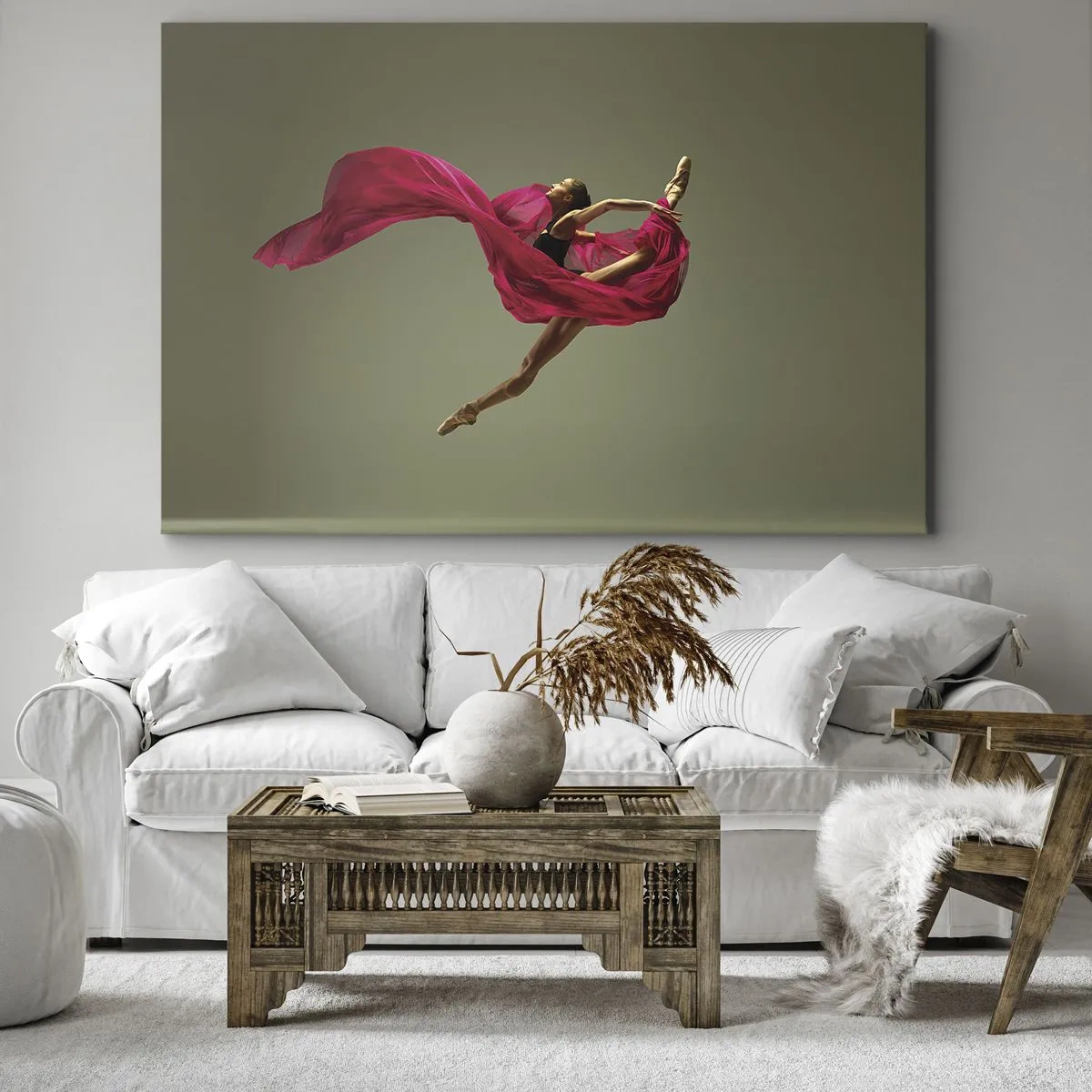 Bild auf Leinwand - Leinwandbild - Balletttänzerin in dynamischer Pose mit rosa Stoff - 70x50cm - Tanzende Flamme - Moderne Wanddekoration für Wohnzimmer und Schlafzimmer ARTTOR