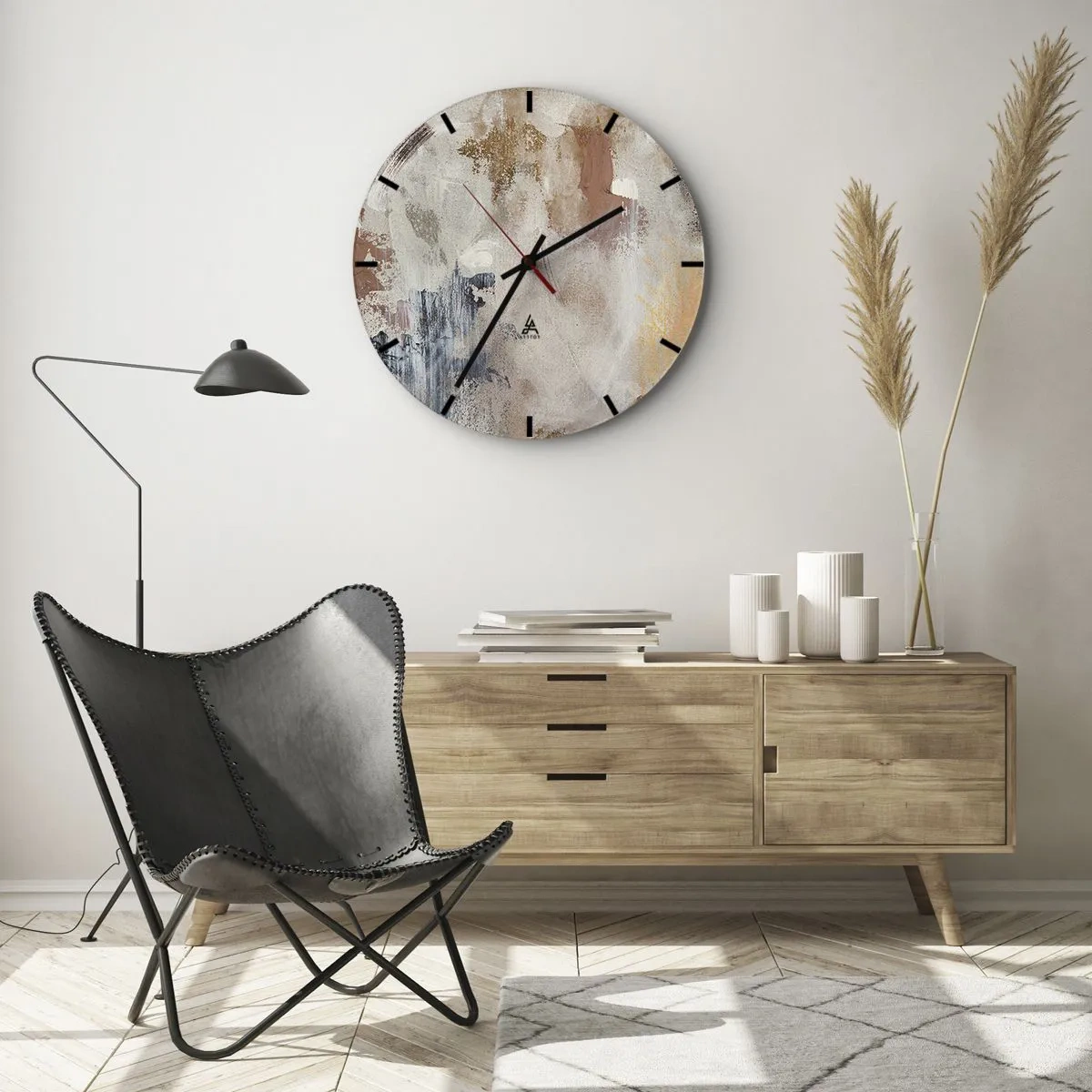 Wanduhr - Glasuhr - Beige und braune Abstraktion mit zarten Pinselstrichen - 30x30cm - Neblige Abstraktion - Moderne Wanddekoration für Wohnzimmer, Küche und Schlafzimmer ARTTOR