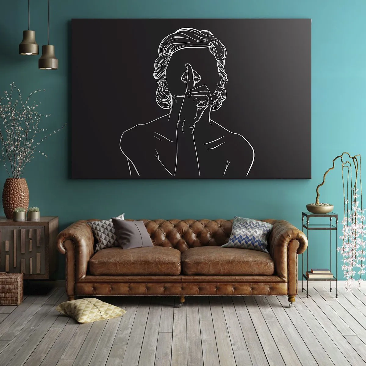 Bild auf Leinwand - Leinwandbild - Minimalistische Silhouette einer Frau auf schwarzem Hintergrund - 70x50cm - Schönheit erblüht in der Stille - Moderne Wanddekoration für Wohnzimmer und Schlafzimmer ARTTOR