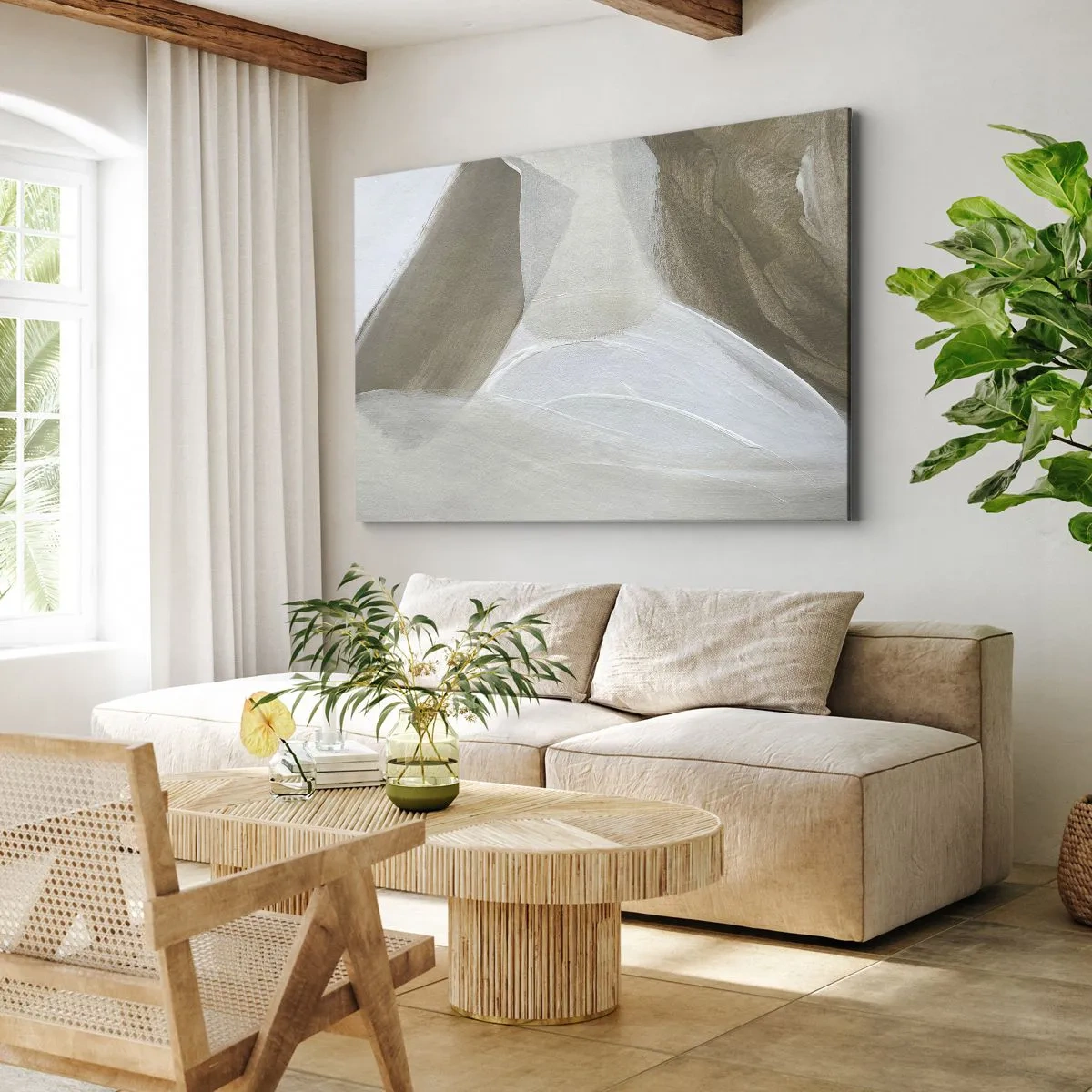 Bild auf Leinwand - Leinwandbild - Zarte Abstraktion in Beige- und Weißtönen - 70x50cm - Welle aus Weiß - Moderne Wanddekoration für Wohnzimmer und Schlafzimmer ARTTOR