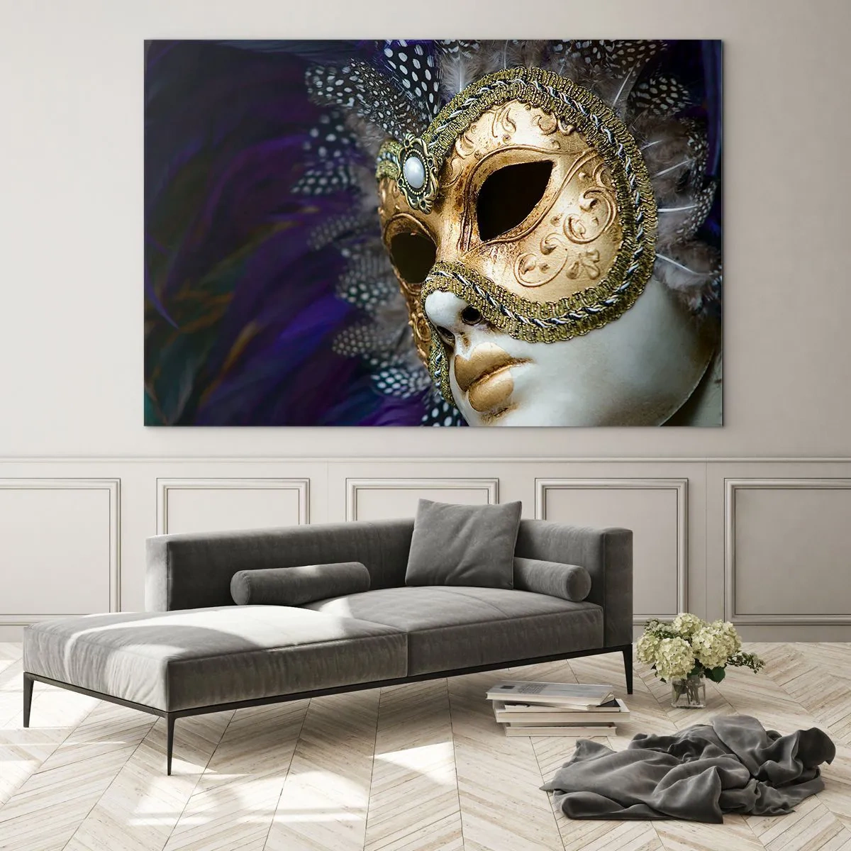 Glasbild - Bild auf glas - Goldene venezianische Maske mit Federn auf violettem Hintergrund - 70x50cm - Venezianisches Porträt in Gold - Moderne Wanddekoration für Wohnzimmer und Schlafzimmer ARTTOR