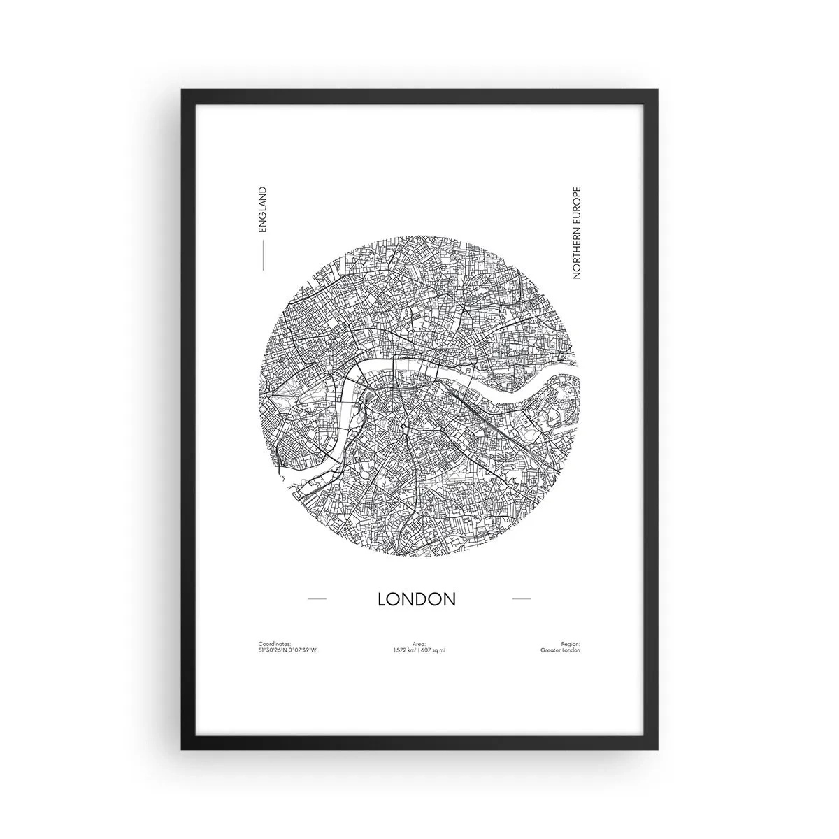 Poster in einem schwarzem Rahmen - Eine minimalistische Schwarz-Weiß-Karte von London - 50x70cm - Anatomie von London - Moderne Wanddekoration für Wohnzimmer und Schlafzimmer ARTTOR