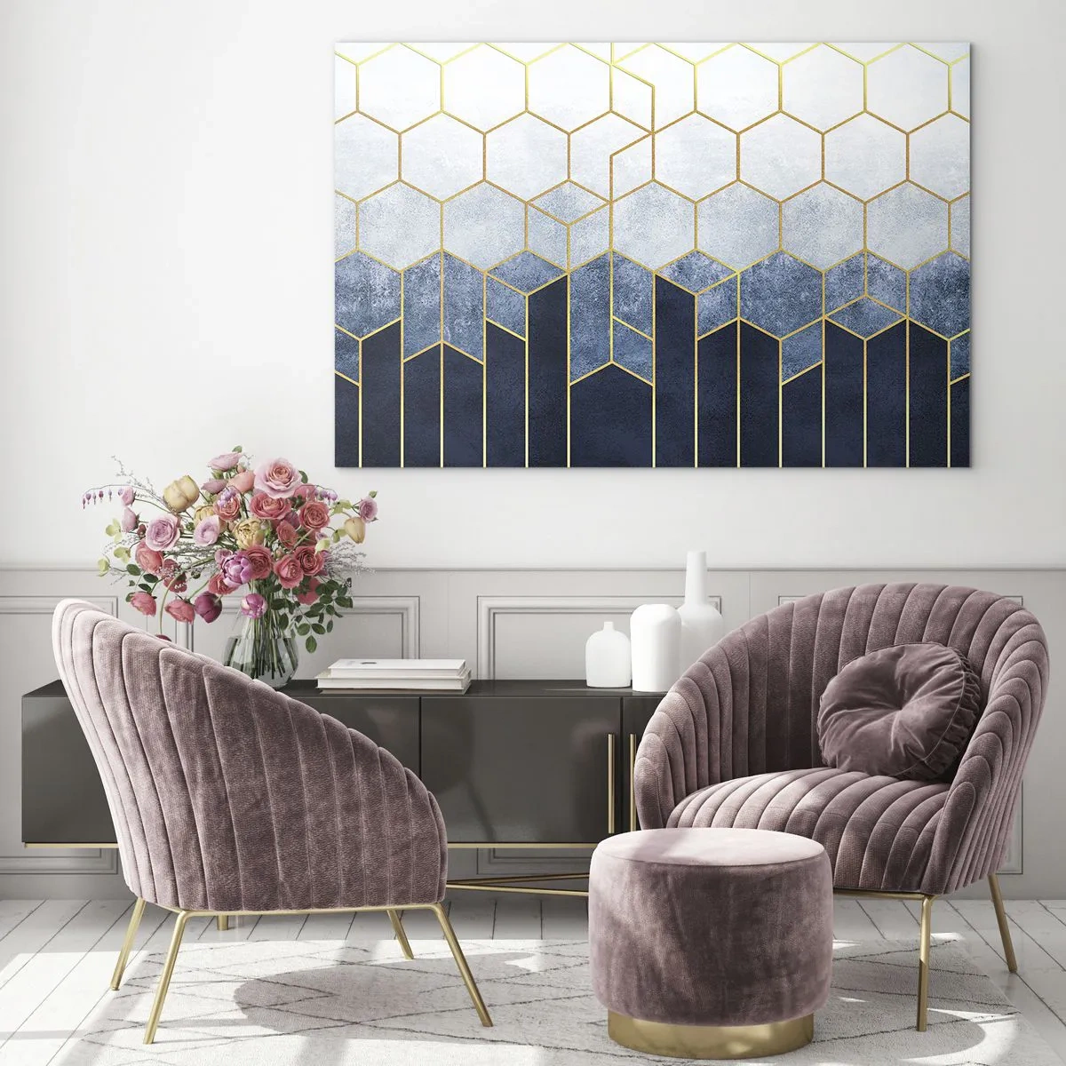 Glasbild - Bild auf glas - Geometrisches Muster in Gold- und Marineblautönen - 70x50cm - Komposition im synkopischen Rhythmus - Moderne Wanddekoration für Wohnzimmer und Schlafzimmer ARTTOR