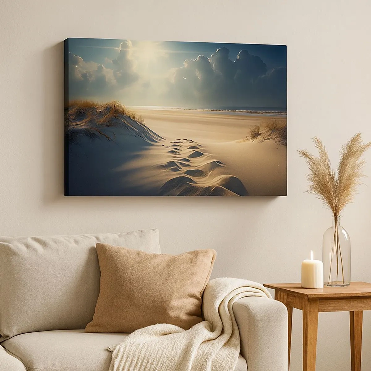 Bild auf Leinwand - Leinwandbild - Goldene Dünen am Strand bei Sonnenuntergang mit Blick auf das Meer - 70x50cm - Beruhigende Landschaft - Moderne Wanddekoration für Wohnzimmer und Schlafzimmer ARTTOR