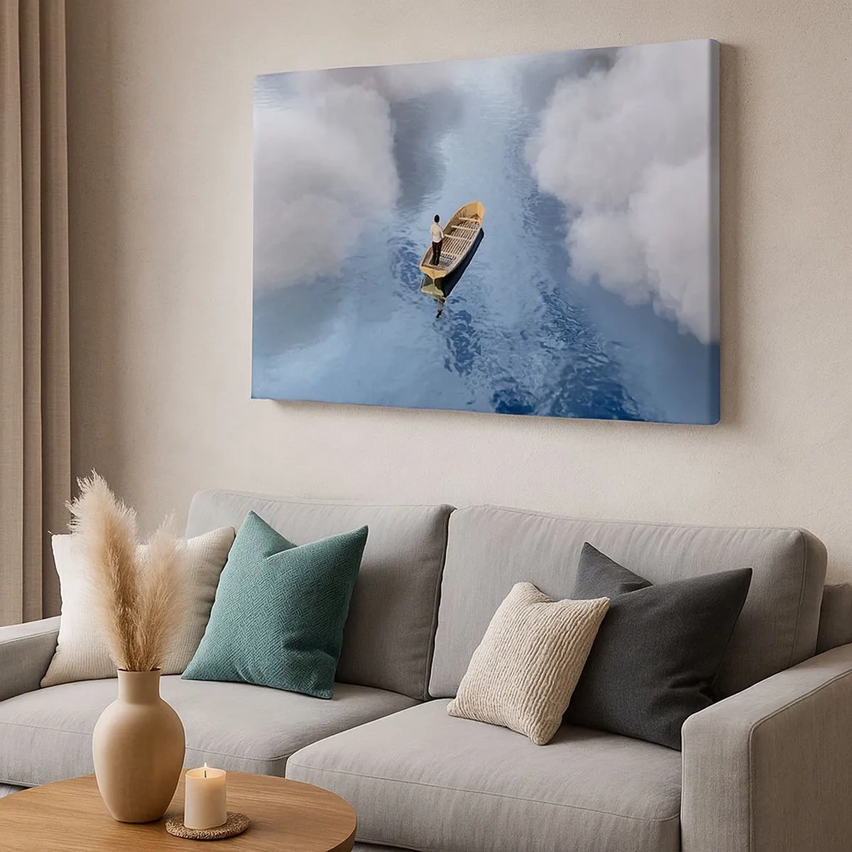 Bild auf Leinwand - Leinwandbild - Ein Mann in einem Boot auf einem ruhigen Meer, umgeben von Wolken - 70x50cm - Leben – Reise – unbekannt - Moderne Wanddekoration für Wohnzimmer und Schlafzimmer ARTTOR