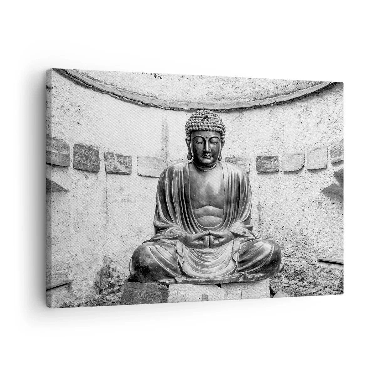 Bild auf Leinwand - Leinwandbild - Schwarz-weiße Buddha-Statue in meditativer Pose - 70x50cm - An der Quelle des Friedens - Moderne Wanddekoration für Wohnzimmer und Schlafzimmer ARTTOR