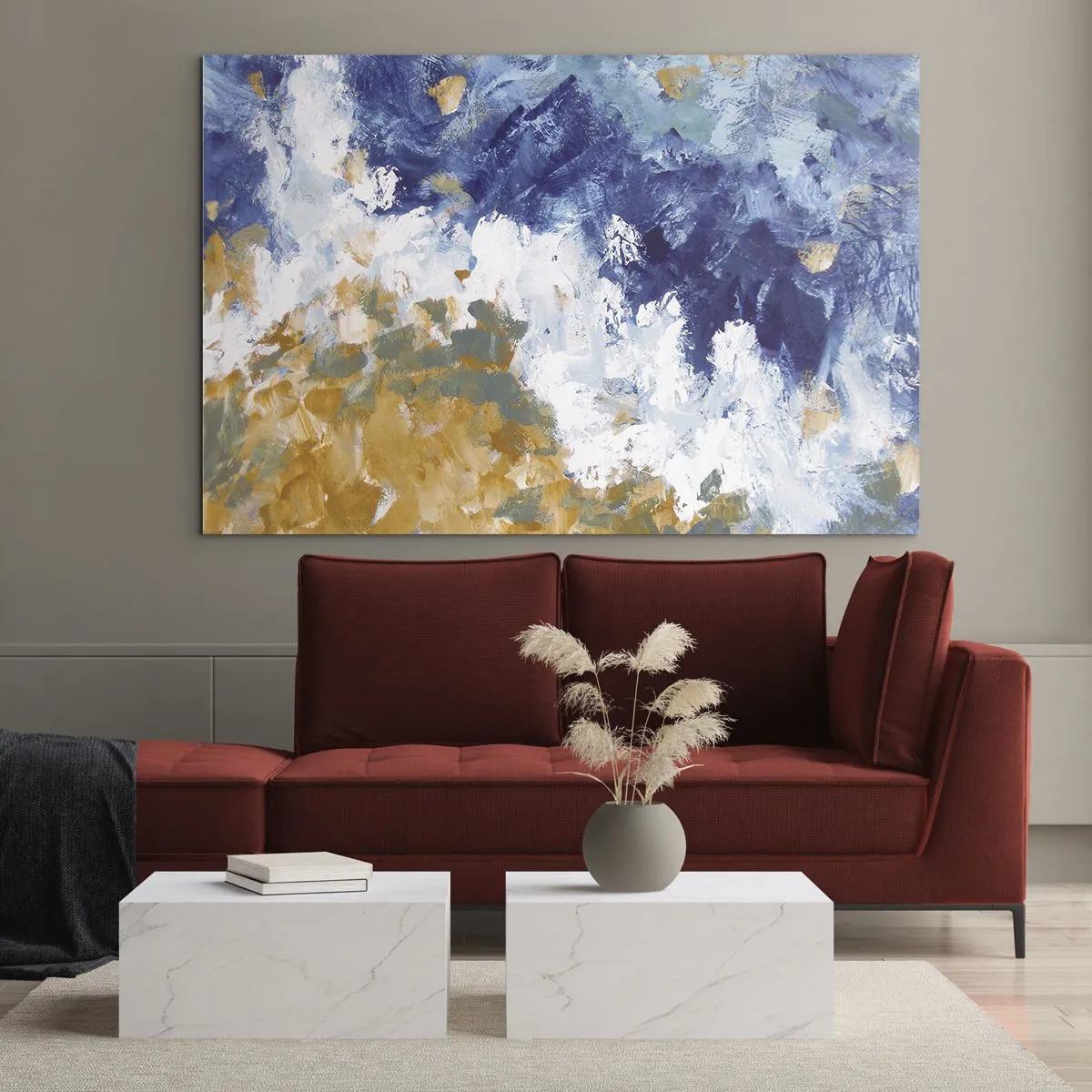 Glasbild - Bild auf glas - Abstrakte Pinselstriche in Blau, Weiß und Gold - 70x50cm - Tanz der Naturelemente - Moderne Wanddekoration für Wohnzimmer und Schlafzimmer ARTTOR