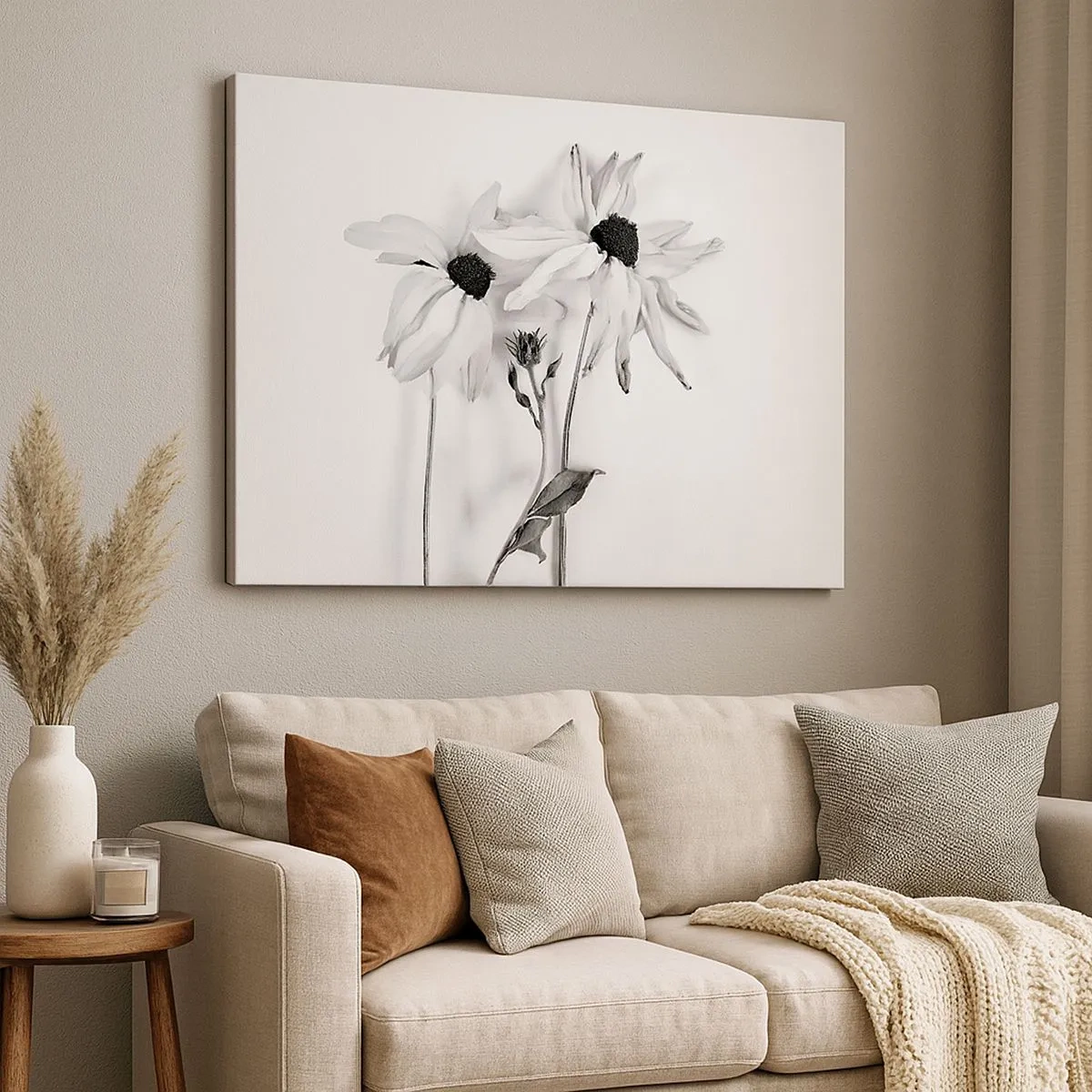 Bild auf Leinwand - Leinwandbild - Schwarz-weiße Blumen mit subtiler Komposition - 70x50cm - Niemand will allein sein - Moderne Wanddekoration für Wohnzimmer und Schlafzimmer ARTTOR