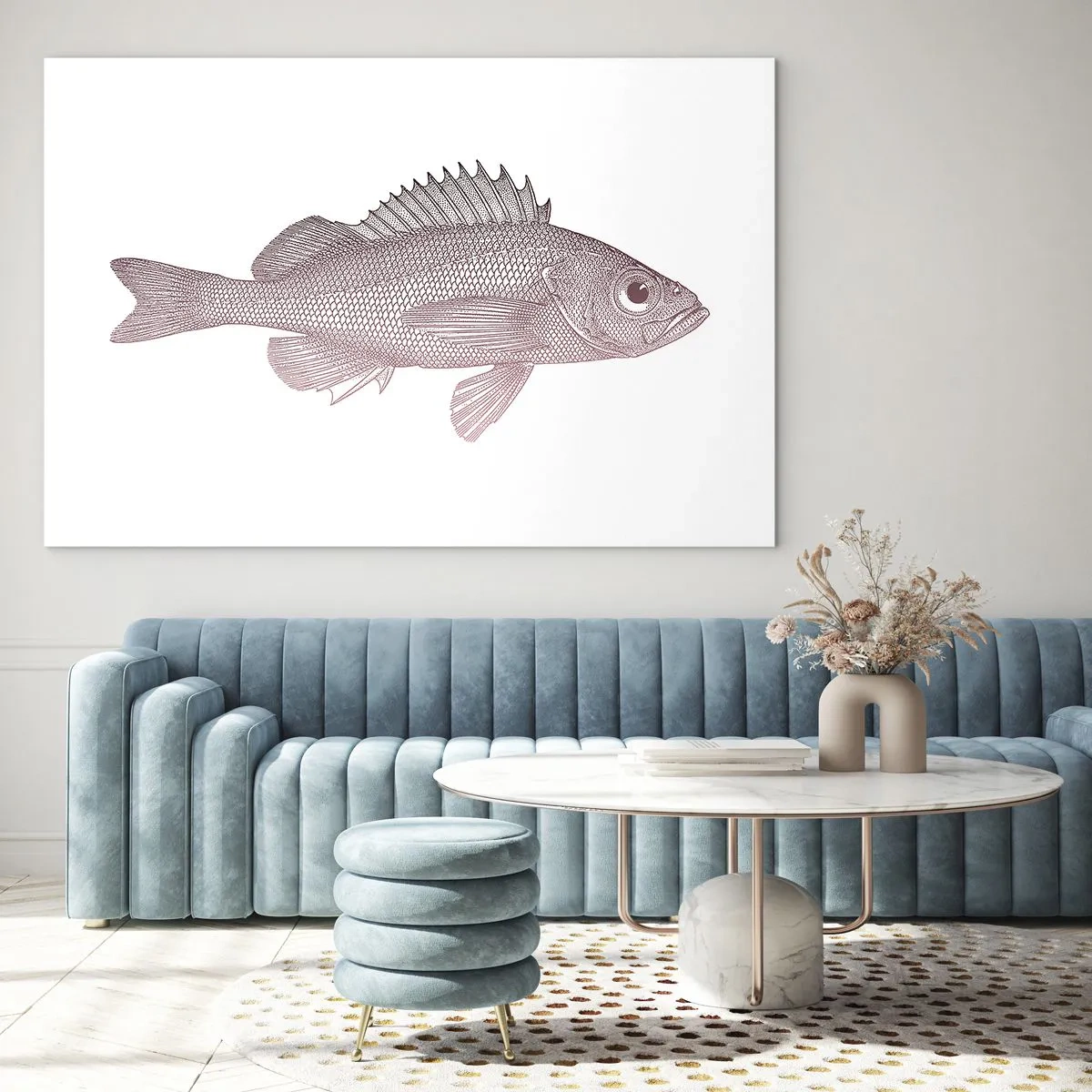 Glasbild - Bild auf glas - Grafik eines Fisches mit großem Auge im Retro-Stil auf weißem Hintergrund - 70x50cm - Großäugiger Fisch - Moderne Wanddekoration für Wohnzimmer und Schlafzimmer ARTTOR