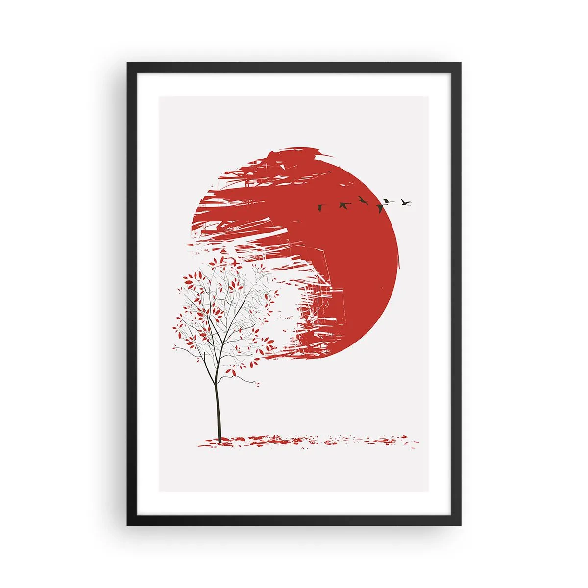Poster in einem schwarzem Rahmen - Roter Kreis mit Baum und Vögeln im minimalistischen Stil - 50x70cm - Kennst du dieses Land? - Moderne Wanddekoration für Wohnzimmer und Schlafzimmer ARTTOR