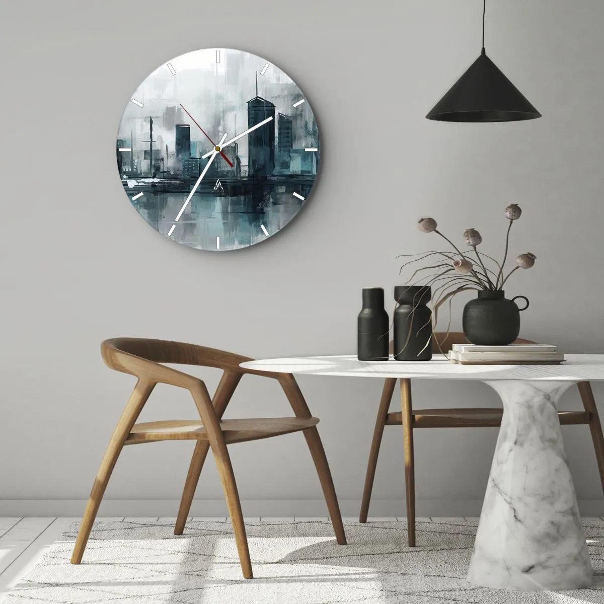 Wanduhr - Glasuhr - Ein Panorama der Stadt im malerischen Stil mit kühlen Tönen - 30x30cm - Eine Stadt in der Farbe des Regens - Moderne Wanddekoration für Wohnzimmer, Küche und Schlafzimmer ARTTOR