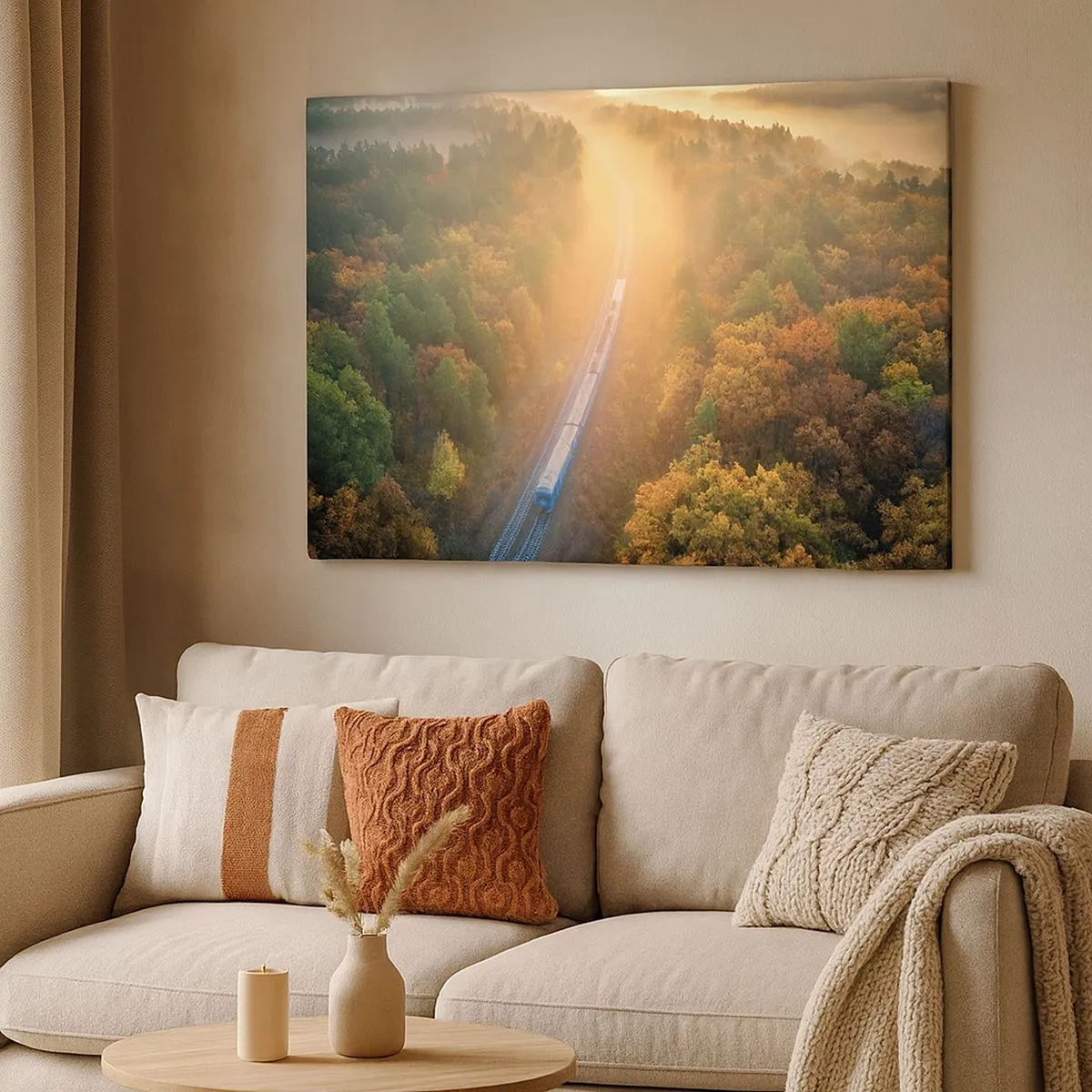 Bild auf Leinwand - Leinwandbild - Ein Zug in einem herbstlichen Wald im Morgengrauen - 70x50cm - Herbstreise - Moderne Wanddekoration für Wohnzimmer und Schlafzimmer ARTTOR
