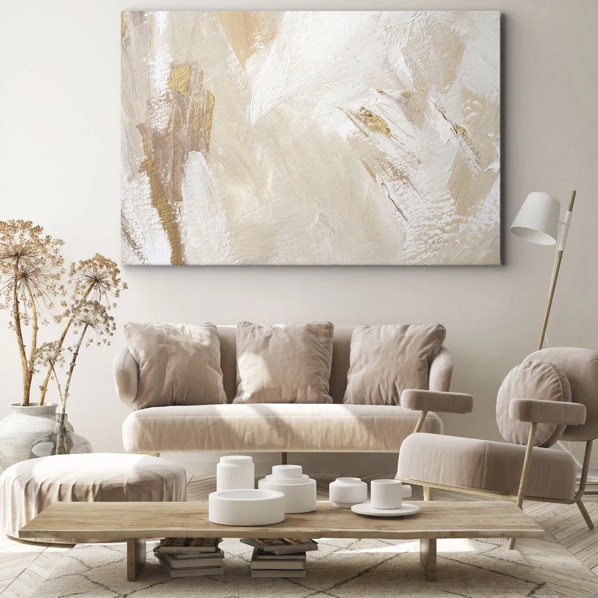 Bild auf Leinwand - Leinwandbild - Zarte abstrakte Töne in Beige- und Goldtönen - 70x50cm - Pastellkomposition - Moderne Wanddekoration für Wohnzimmer und Schlafzimmer ARTTOR