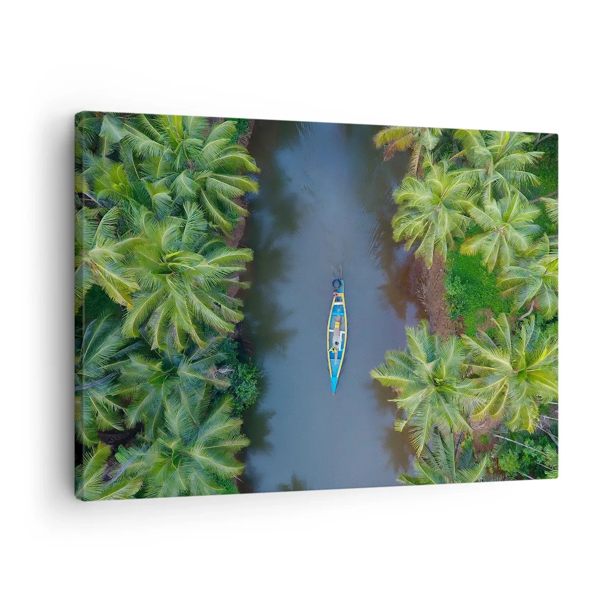 Bild auf Leinwand - Leinwandbild - Eine Vogelperspektive auf ein Boot auf einem Fluss, umgeben von Palmen - 70x50cm - Auf einem tropischen Pfad - Moderne Wanddekoration für Wohnzimmer und Schlafzimmer ARTTOR