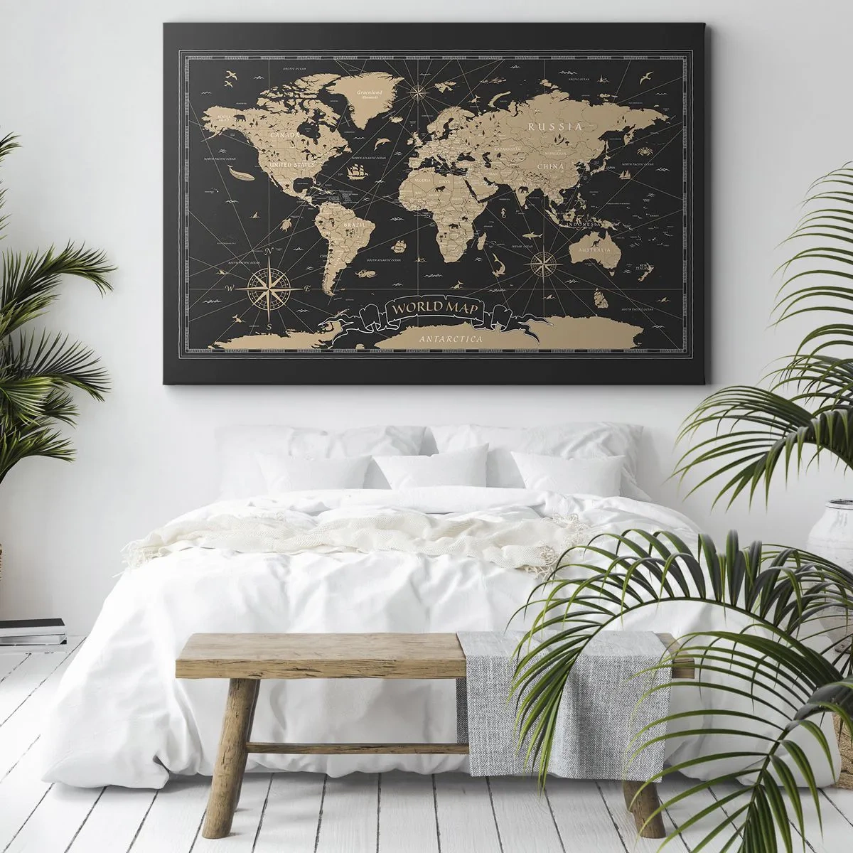 Bild auf Leinwand - Leinwandbild - Eine stilisierte Weltkarte auf schwarzem Hintergrund mit beigen Akzenten. - 70x50cm - Die Grenzen meiner Welt - Moderne Wanddekoration für Wohnzimmer und Schlafzimmer ARTTOR