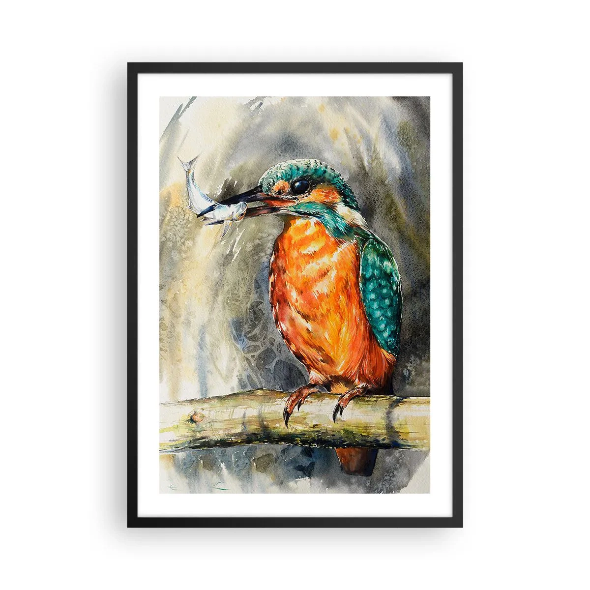 Poster in einem schwarzem Rahmen - Ein Wasserlöwe, der einen Fisch vor einer natürlichen Landschaft im Aquarellstil hält. - 50x70cm - Naturgesetz - Moderne Wanddekoration für Wohnzimmer und Schlafzimmer ARTTOR