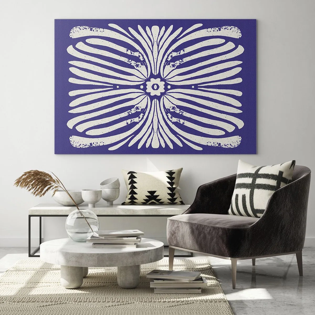 Glasbild - Bild auf glas - Symmetrisches ethnisches Muster auf violettem Hintergrund - 70x50cm - Ethnische Inspirationen - Moderne Wanddekoration für Wohnzimmer und Schlafzimmer ARTTOR