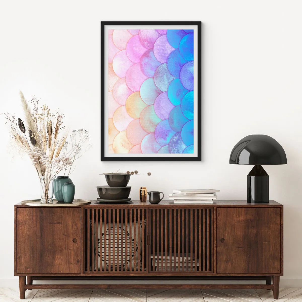 Poster in einem schwarzem Rahmen - Eine Pastellkomposition, die Schuppen in Regenbogenfarben ähnelt - 50x70cm - Perlenschuppe - Moderne Wanddekoration für Wohnzimmer und Schlafzimmer ARTTOR