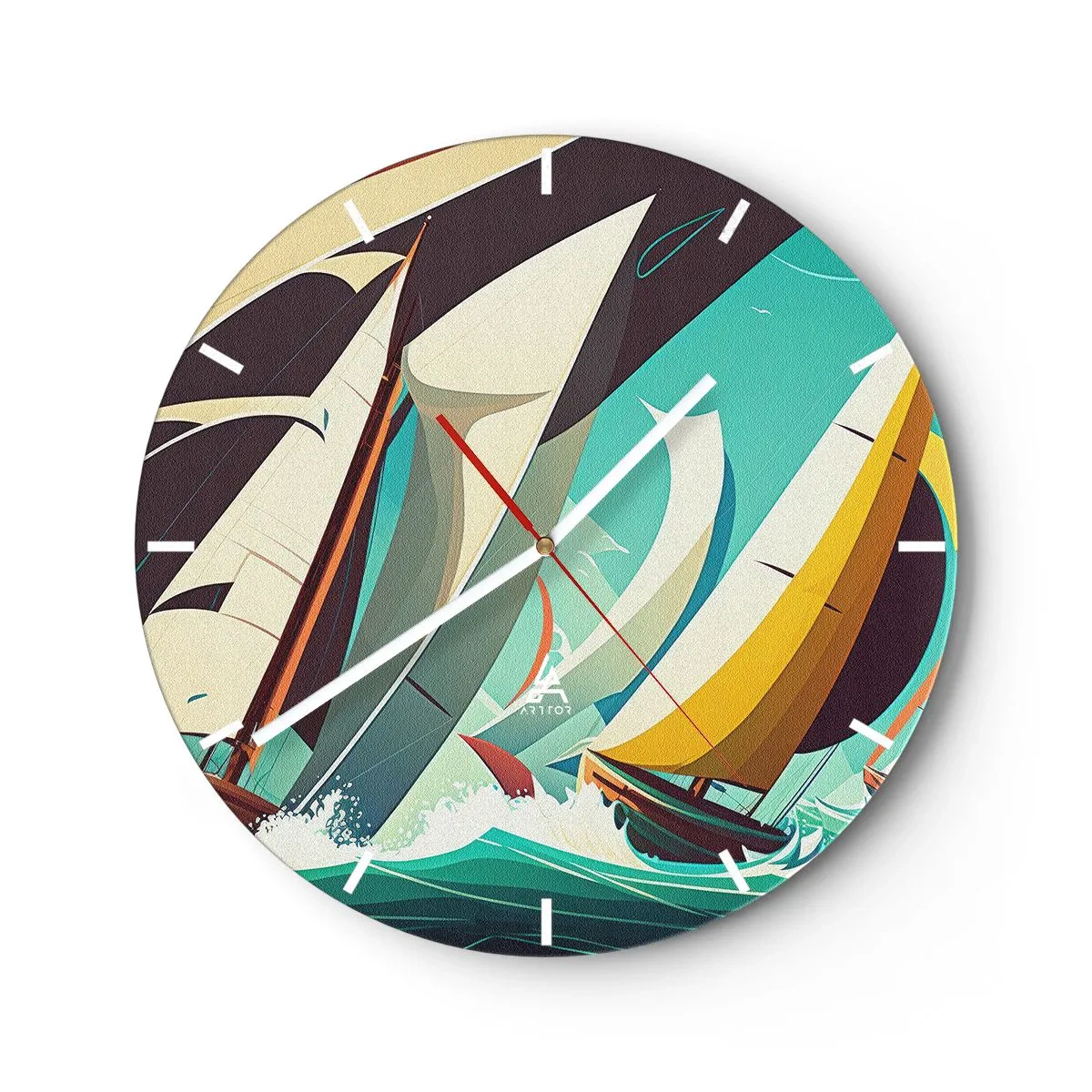 Wanduhr - Glasuhr - Segelboote im grafischen Stil auf einem stürmischen türkisfarbenen Meer - 30x30cm - Viel Glück mit den Elementen - Moderne Wanddekoration für Wohnzimmer, Küche und Schlafzimmer ARTTOR